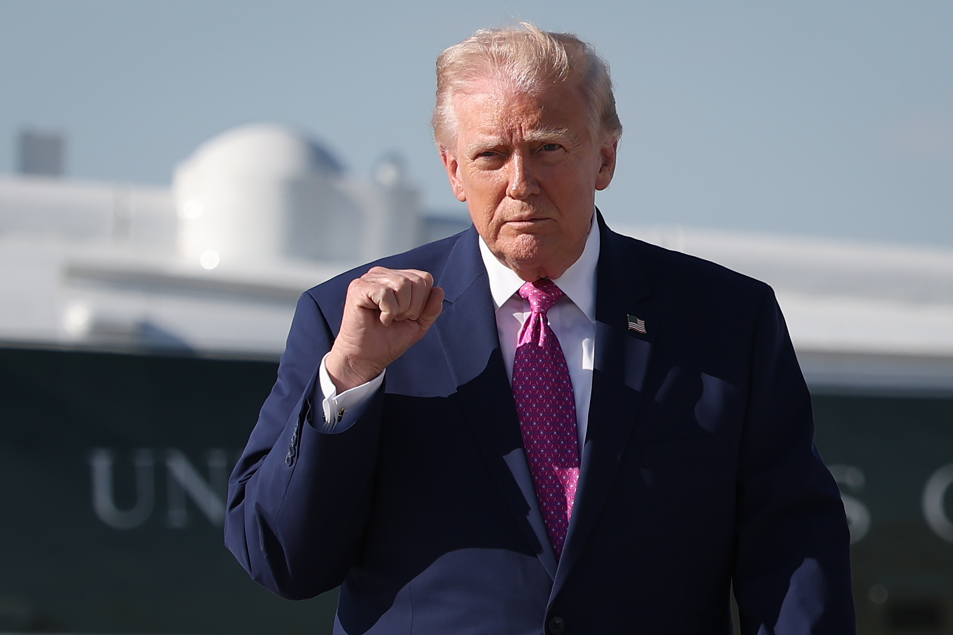 JOINT BASE ANDREWS, MARYLAND - APRIL 10: U.S. President Donald Trump walks toward reporters before answering questions prior to boarding Air Force One on April 10, 2026 at Joint Base Andrews, Maryland. President Trump is traveling to Charlottesville, Virginia. (Photo by Win McNamee/Getty Images)