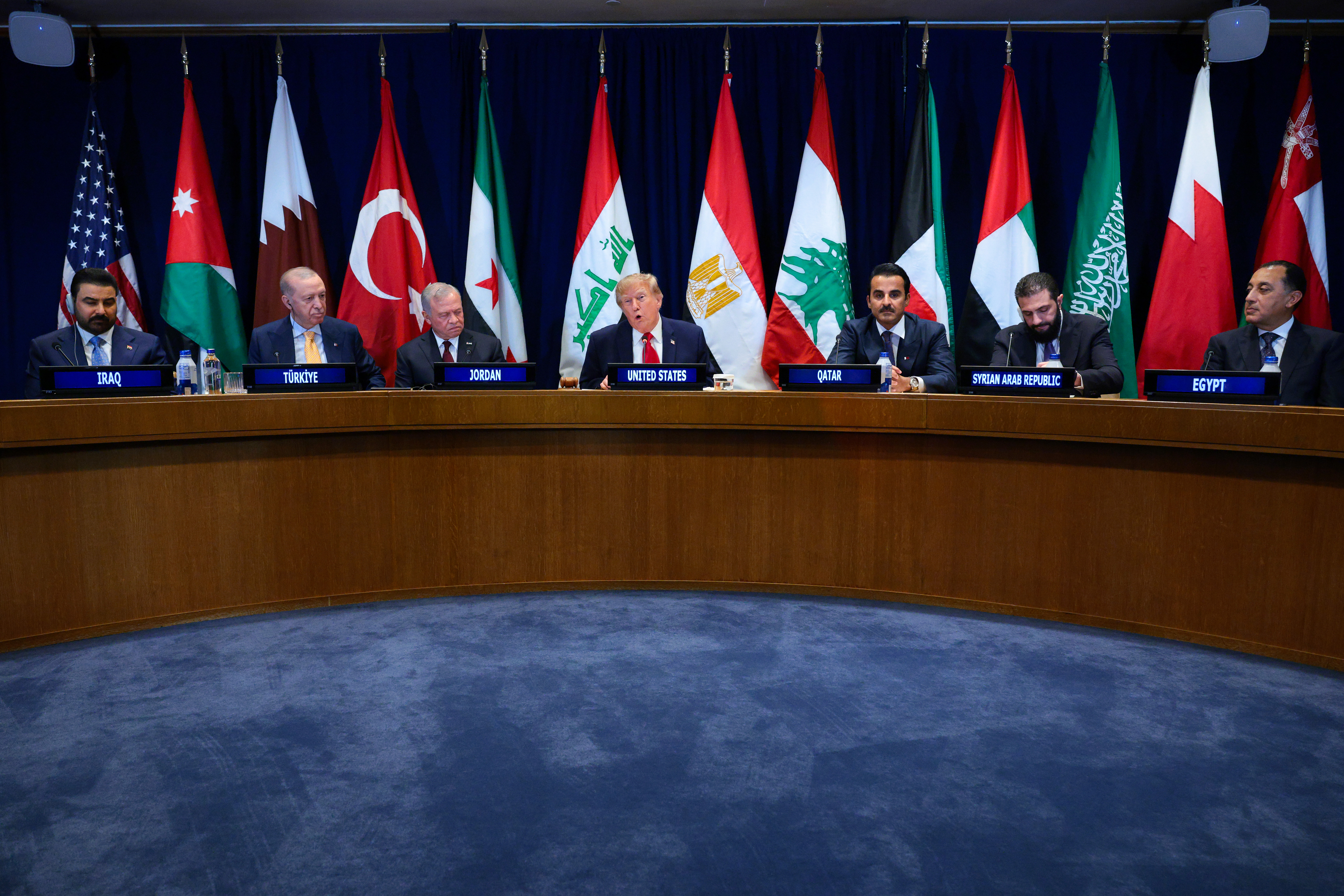 NEW YORK, NEW YORK - SEPTEMBER 22: (L-R) Prime Minister of Iraq Ali al-Zaidi, President&nbsp;of&nbsp;Turkey&nbsp;Recep Tayyip Erdoğa, King&nbsp;Abdullah II of Jordan, U.S. President Donald Trump, Qatari Emir Sheikh&nbsp;Tamim bin Hamad Al Thani, President of the Syrian Arab Republic is Ahmad al-Sharaa, and Prime Minister of Egypt is Mostafa Madbouly attend a multilateral meeting of the Gulf Cooperation Council during the 81st session of the United Nations (U.N.) General Assembly at U.N. Headquarters on September 22, 2026 in New York City. World leaders have gathered in New York for the annual session of the United Nations General Assembly, with this year's global issues ranging from the threat of artificial intelligence to the continued wars in Ukraine and Gaza. (Photo by Chip Somodevilla/Getty Images)