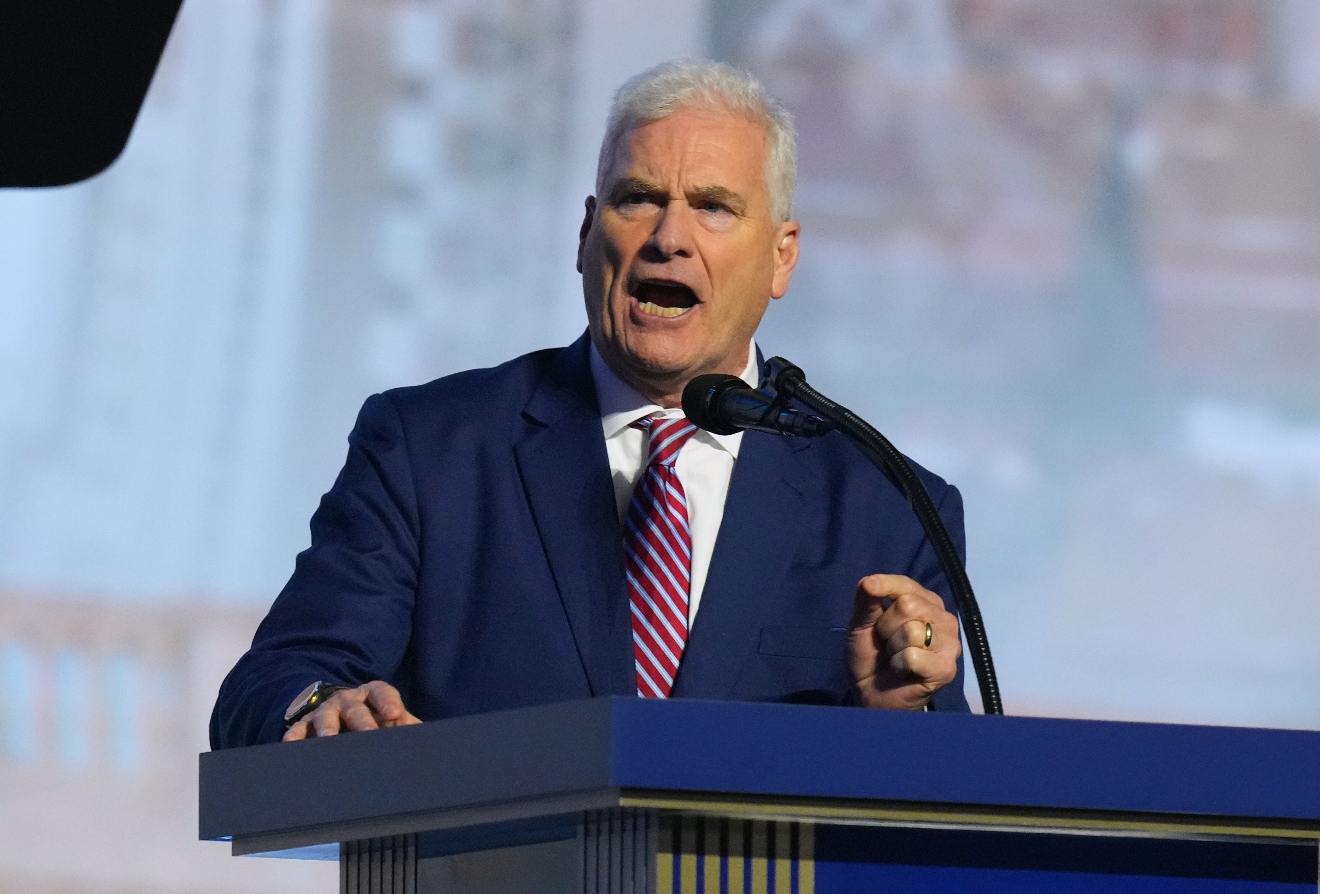 House Majority Whip Rep. Tom Emmer, R-Minn., arrives to speak at the Republican convention Wednesday, Sept. 9, 2026, in Dallas. (AP Photo/Julio Cortez)