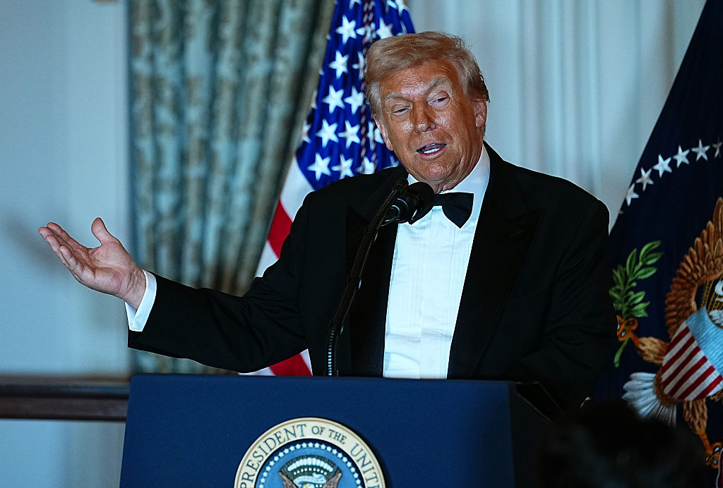 WASHINGTON, DC - DECEMBER 06: U.S. President Donald Trump speaks at the State Department Kennedy Center Honors medal presentation dinner at the U.S. Department of State on December 06, 2025 in Washington, DC. The 2025 Kennedy Center Honorees are Sylvester Stallone, George Strait, the rock band KISS, Gloria Gaynor, and Michael Crawford. (Photo by Aaron Schwartz/Getty Images)