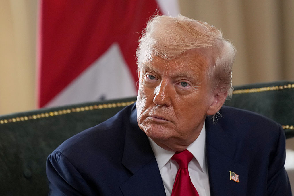 TURNBERRY, SCOTLAND - JULY 28: U.S. President Donald Trump listens as he meets British Prime Minister Keir Starmer for bilateral talks at Trump Turnberry golf club on July 28, 2025 in Turnberry, Scotland. The pair are meeting at Turnberry before traveling together to Aberdeenshire to have a private dinner at another Trump-owned golf club. President Trump is visiting Scotland in a trip that’s part-vacation, part-work, as he stays at his Trump Turnberry golf course, followed by the Trump International Golf Links in Aberdeenshire, between July 25 to 29.  (Photo by Andrew Harnik/Getty Images)