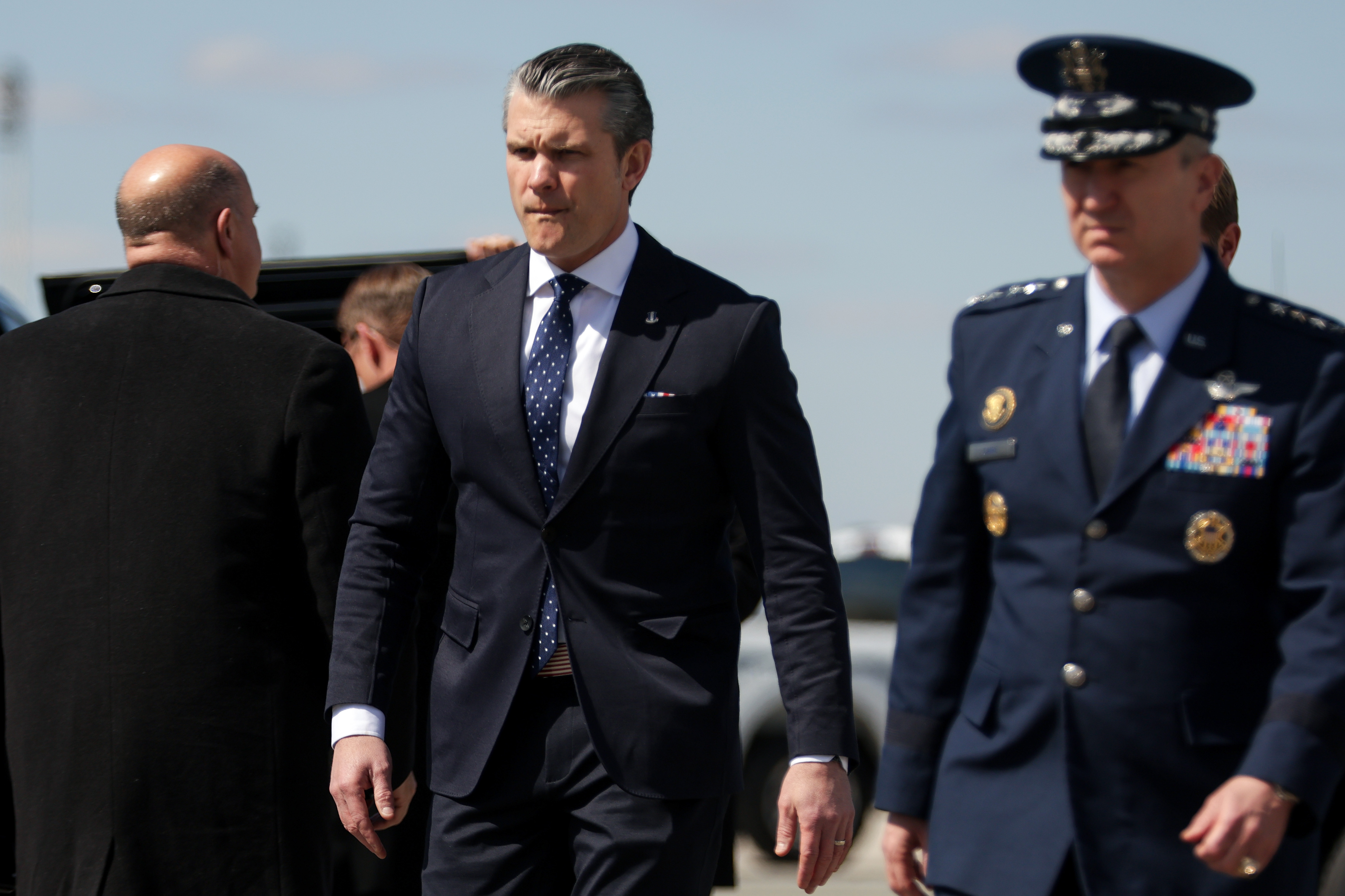 DOVER, DELAWARE - MARCH 18: U.S. Secretary of War Pete Hegseth arrives at Dover Air Force Base on March 18, 2026 in Dover, Delaware. President Trump traveled to Dover to attend a dignified transfer ceremony honoring six U.S. service members killed in a KC-135 refueling aircraft crash in Iraq. (Photo by Alex Wong/Getty Images)