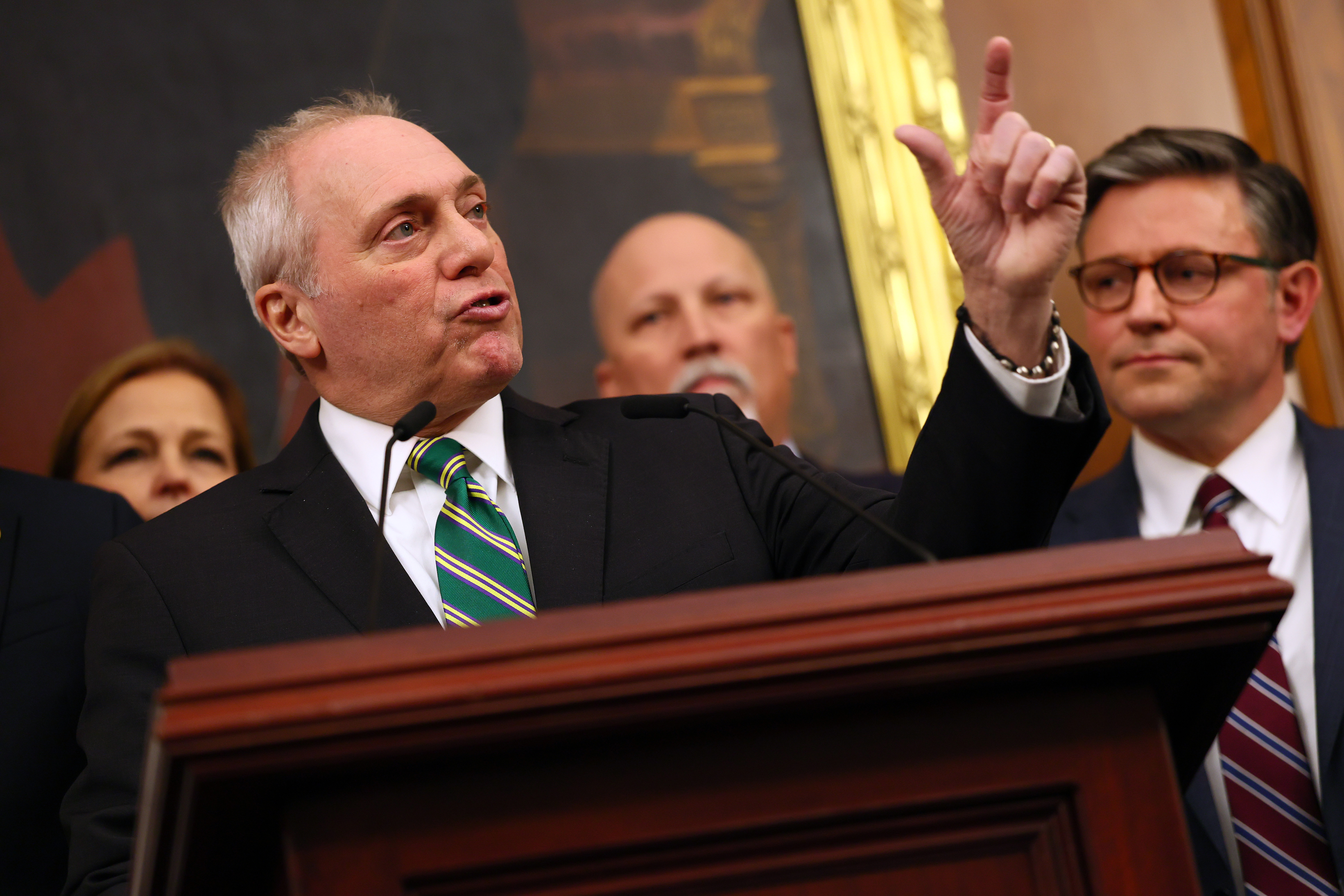 WASHINGTON, DC - FEBRUARY 11: House Majority Leader Steve Scalise (R-LA) speaks during a press conference on February 11, 2026 at the U.S. Capitol in Washington, DC. House Speaker Mike Johnson (R-LA)  was joined by House Majority Leader Steve Scalise (R-LA), House Republican Conference Chairwoman Lisa McClain (R-MI), House Administration Committee Chairman Rep. Bryan Steil (R-WI), Rep. Chip Roy (R-TX), and House Majority Whip Tom Emmer (R-MN) as well as other Republican members of Congress to speak about the passage of the SAVE America Act, an election bill backed by U.S. President Donald Trump that would require proof of citizenship to register to vote and require photo identification at the ballot box. (Photo by Michael M. Santiago/Getty Images)
