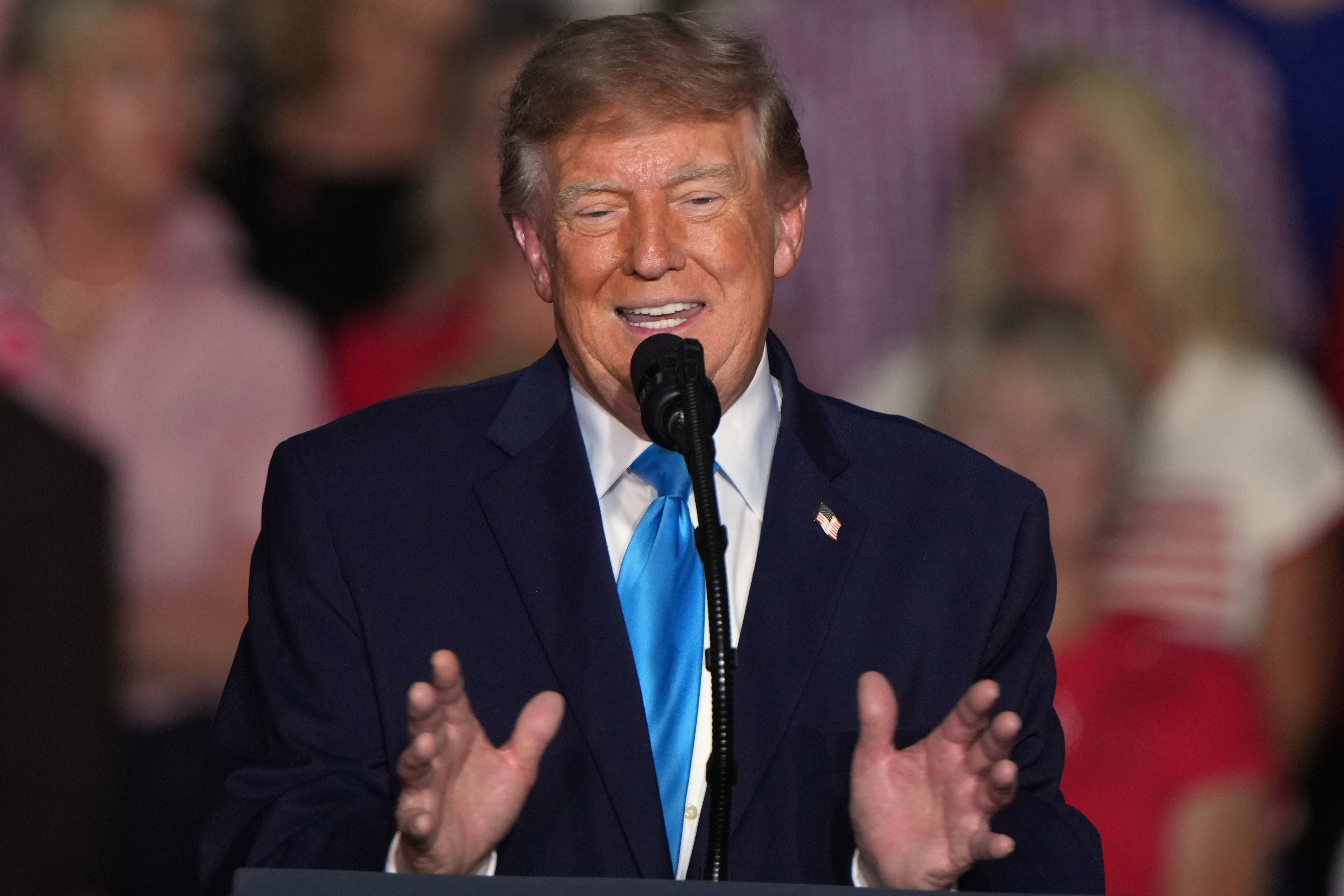 President Donald Trump speaks at a campaign rally at the Pinnacle Bank Expo Center, Monday, Oct. 5, 2026, in Grand Island, Neb. (AP Photo/Charlie Riedel)