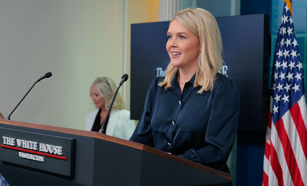 WASHINGTON, DC - JULY 31: White House Press Secretary Karoline Leavitt speaks during a press briefing in the Brady Press Briefing Room at the White House on July 31, 2025 in Washington, DC. Leavitt spoke to reporters about the day's news topics. (Photo by Anna Moneymaker/Getty Images)