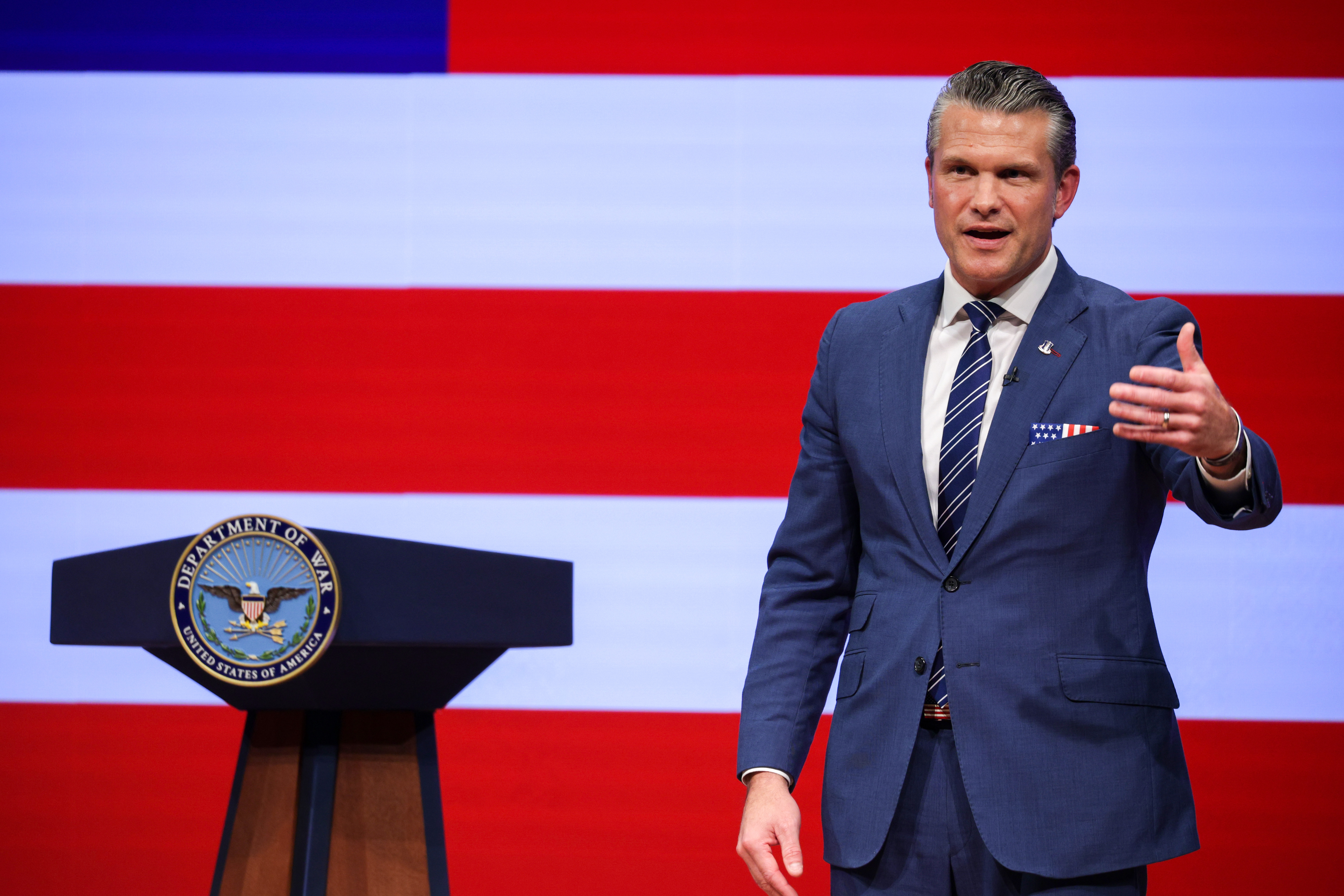 Secretary of Defense Pete Hegseth gives a State of the Force address at Marine Corps Base Quantico, Wednesday, Sept. 30, 2026 in Quantico, Va.  (Alex Wong/Pool Photo via AP)
