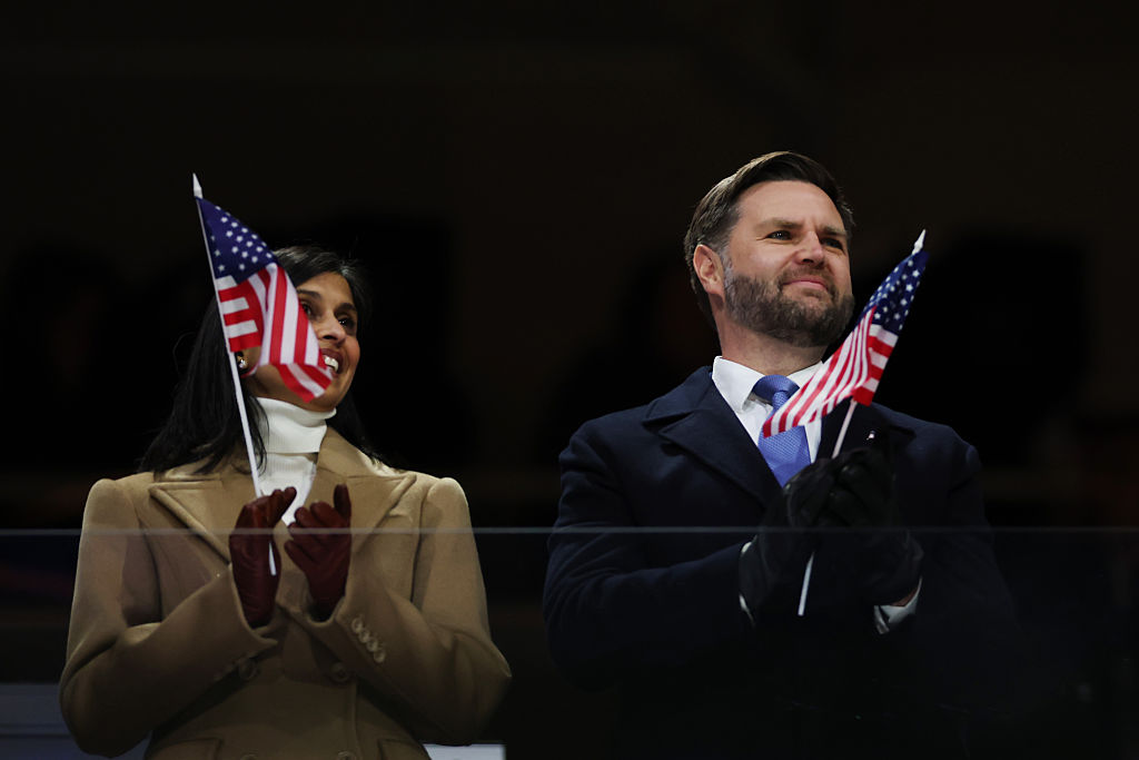 MILAN, ITALY - FEBRUARY 06: JD Vance, Vice President of the United States, and Usha Vance, Second Lady of the United States, attend the opening ceremony of the Milano Cortina 2026 Winter Olympics at San Siro Stadium on February 06, 2026 in Milan, Italy. (Photo by Elsa/Getty Images)