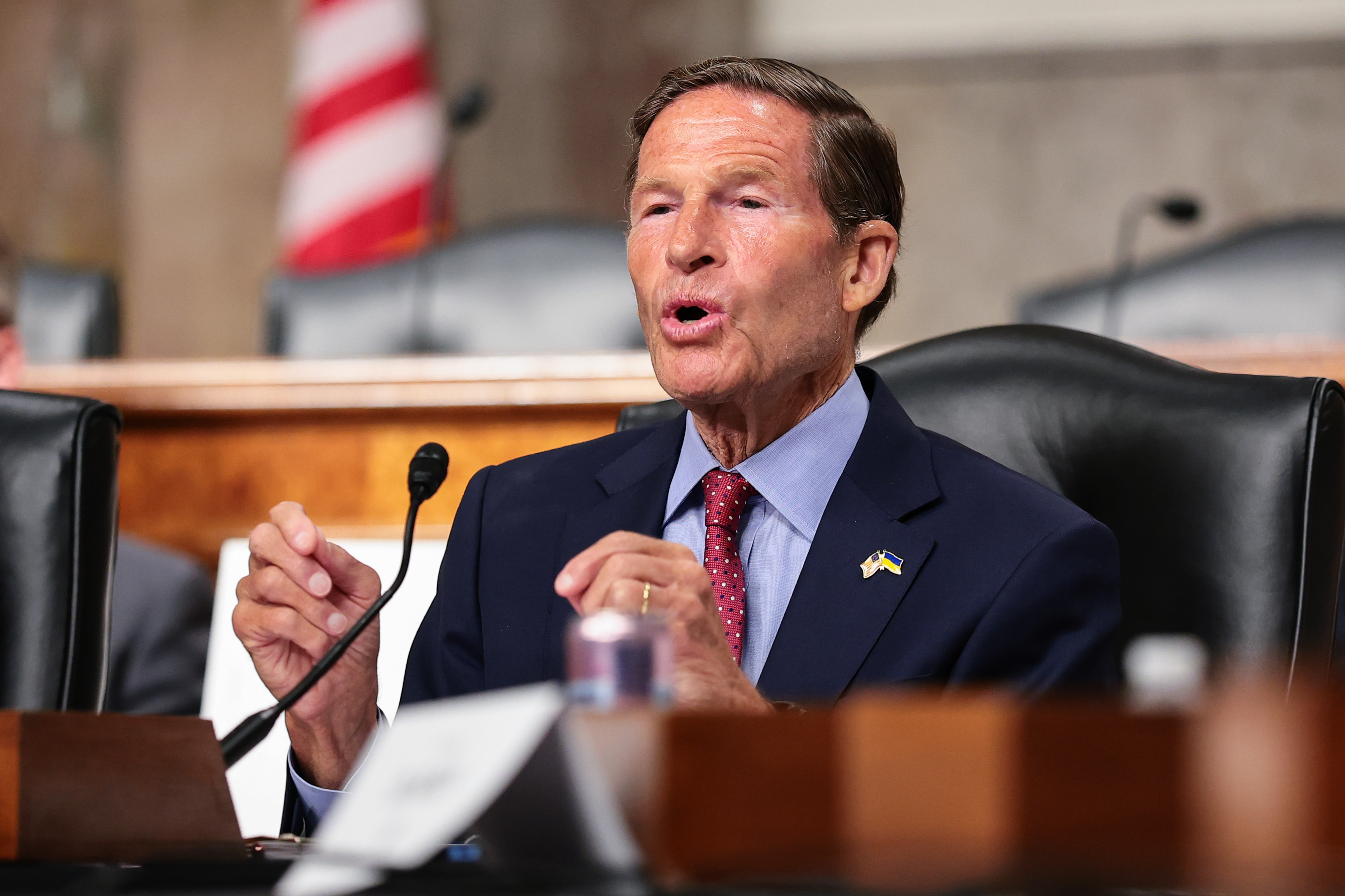 WASHINGTON, DC - JULY 27: U.S. Sen. Richard Blumenthal (D-CT) speaks during a forum on President Trump's crypto dealings co-hosted by Sen. Chris Van Hollen (D-MD) in the Dirksen Senate Office on July 27, 2026 in Washington, DC. Trump and his family have generated about $1.4 billion in revenue from crypto-related businesses, including the $TRUMP meme coin and World Liberty Financial, at the same time that his presidential administration is tasked with regulating the crypto markets in the United States. (Photo by Finn Gomez/Getty Images)
