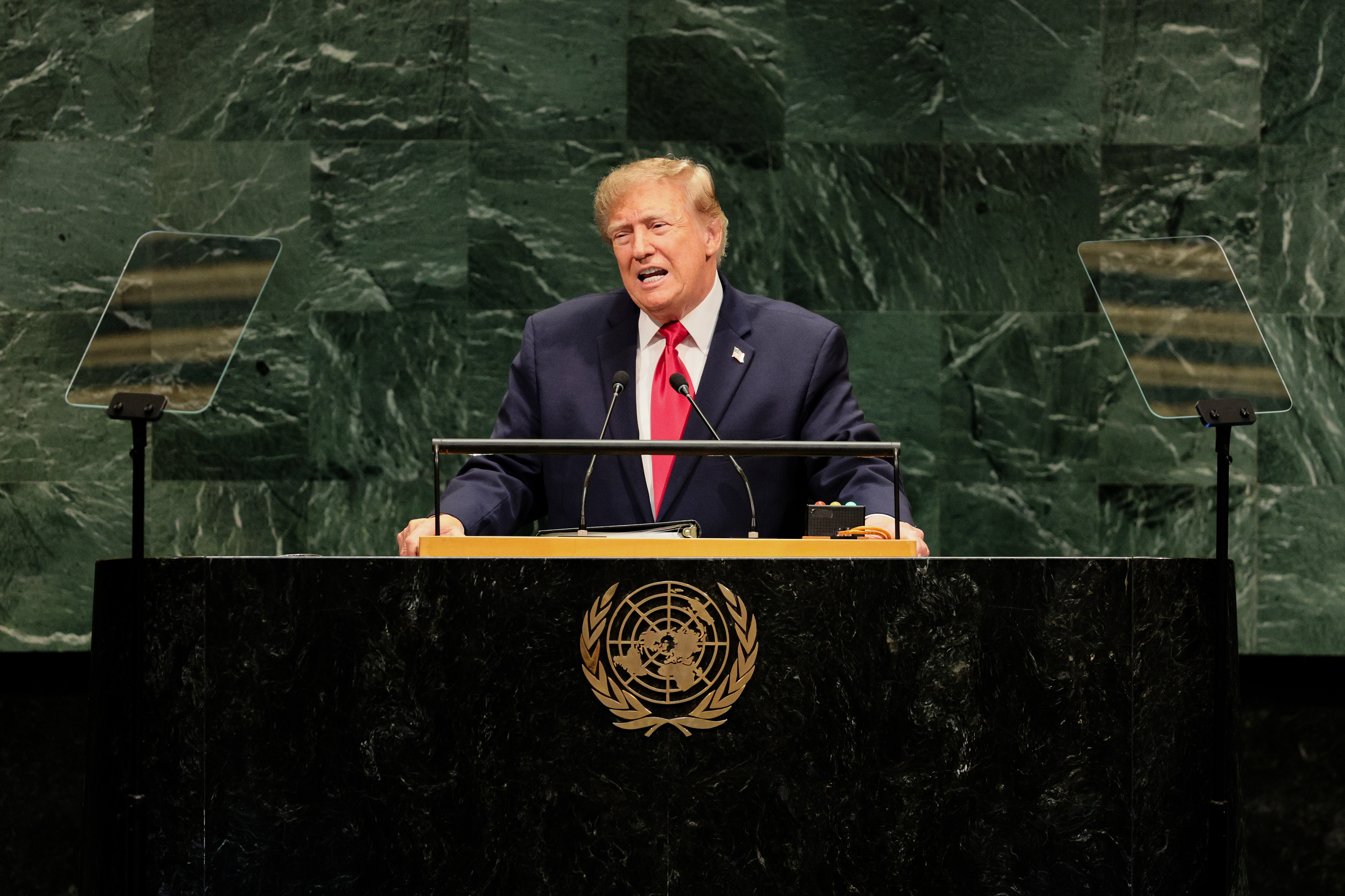 NEW YORK, NEW YORK - SEPTEMBER 22: U.S. President Donald Trump speaks during the 81st session of the United Nations (U.N.) General Assembly at U.N. Headquarters on September 22, 2026 in New York City. World leaders have gathered in New York for the annual session of the United Nations General Assembly, with this year's global issues ranging from the threat of artificial intelligence to the continued wars in Ukraine and Gaza. (Photo by Michael M. Santiago/Getty Images)