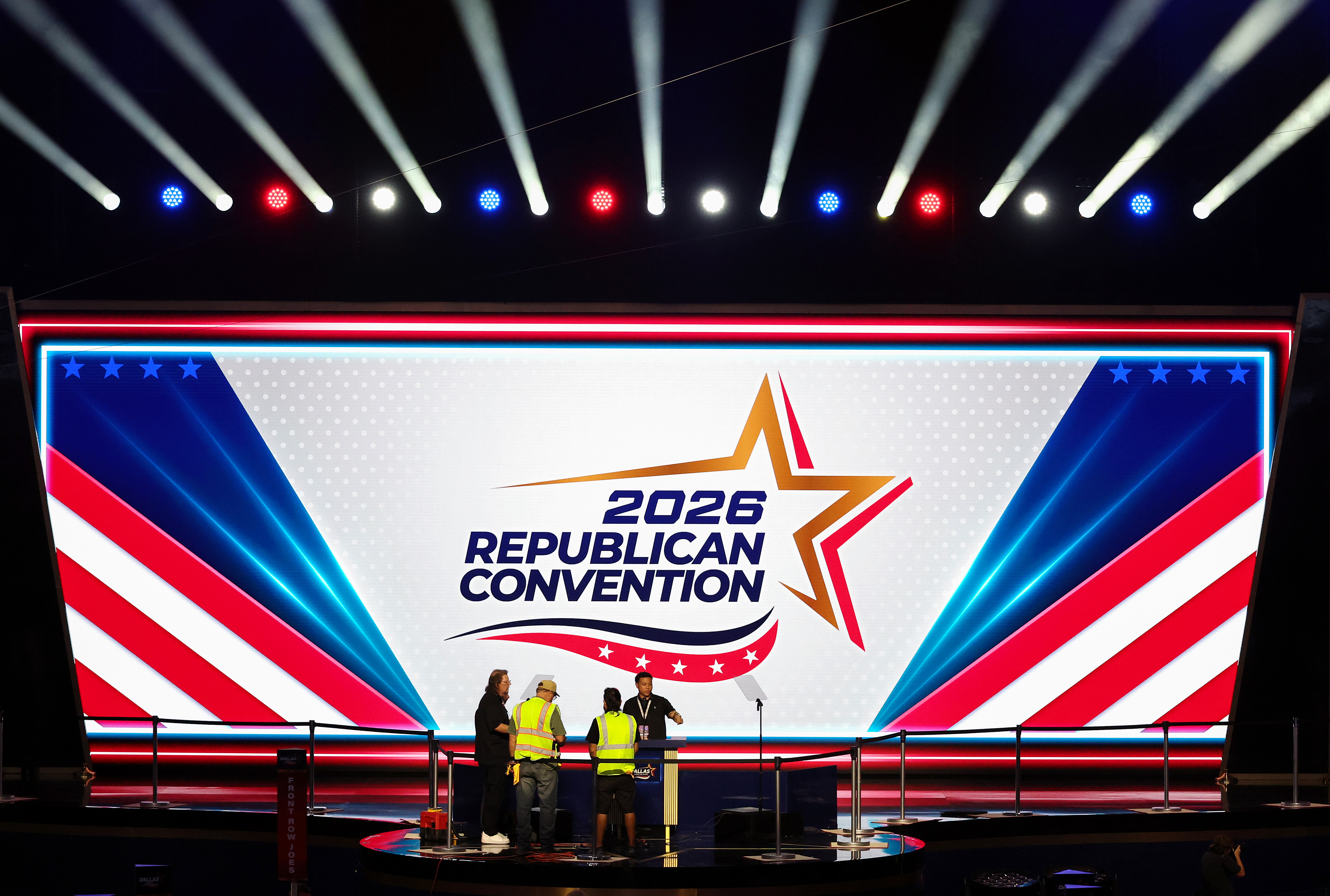 DALLAS, TEXAS - SEPTEMBER 08: Workers make preparations ahead of the 2026 Republican National Convention at the American Airlines Center on September 08, 2026 in Dallas, Texas. U.S. President Donald Trump will headline the Republican National Committee's first-ever midterm convention as he aims to highlight his administration’s achievements and rally support for GOP candidates just two months before the November 3 general election. (Photo by Kevin Dietsch/Getty Images)