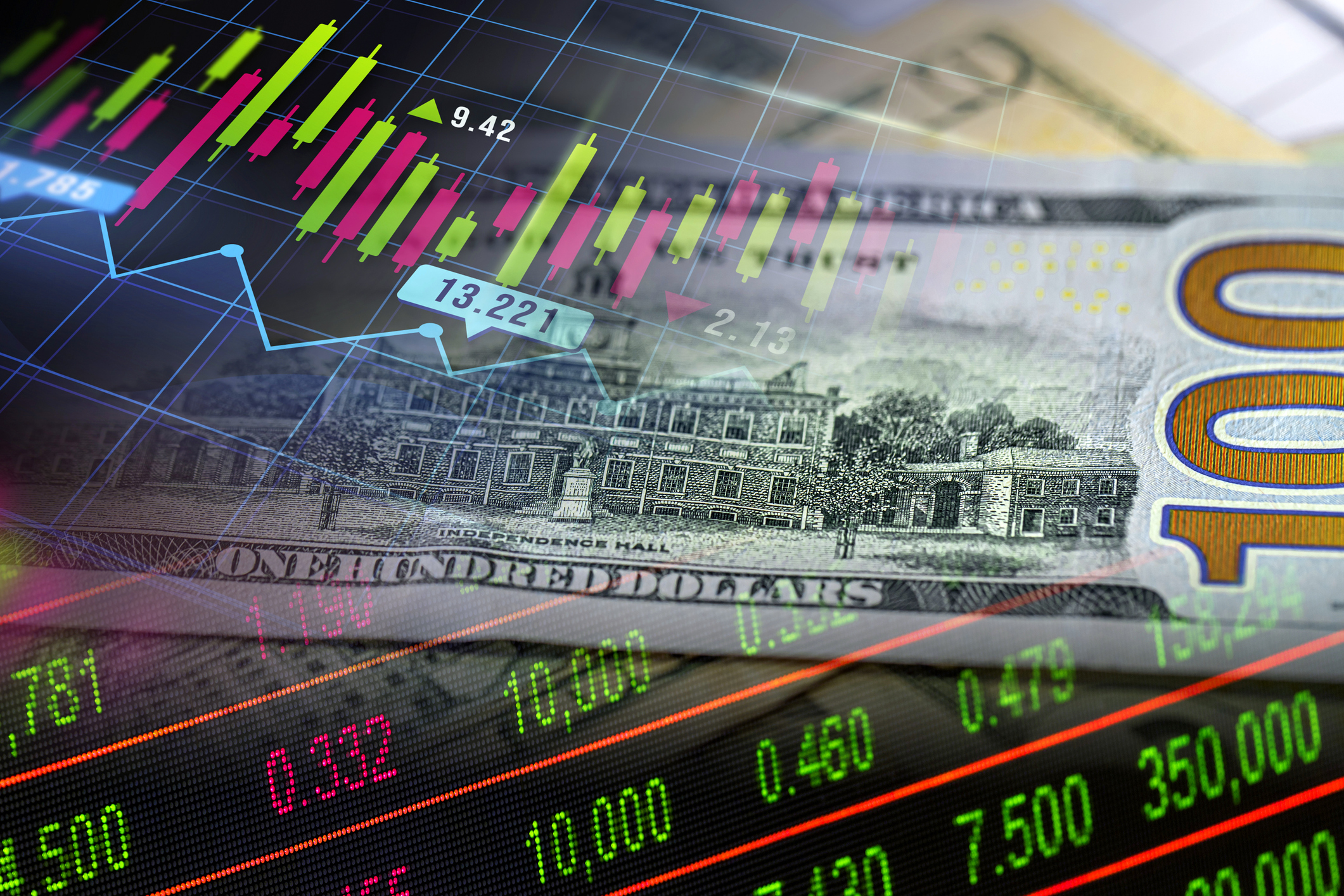 Cash dollar banknotes and stock market indicators (money, business, finance, crisis, success, devaluation, inflation) - Economy chart
