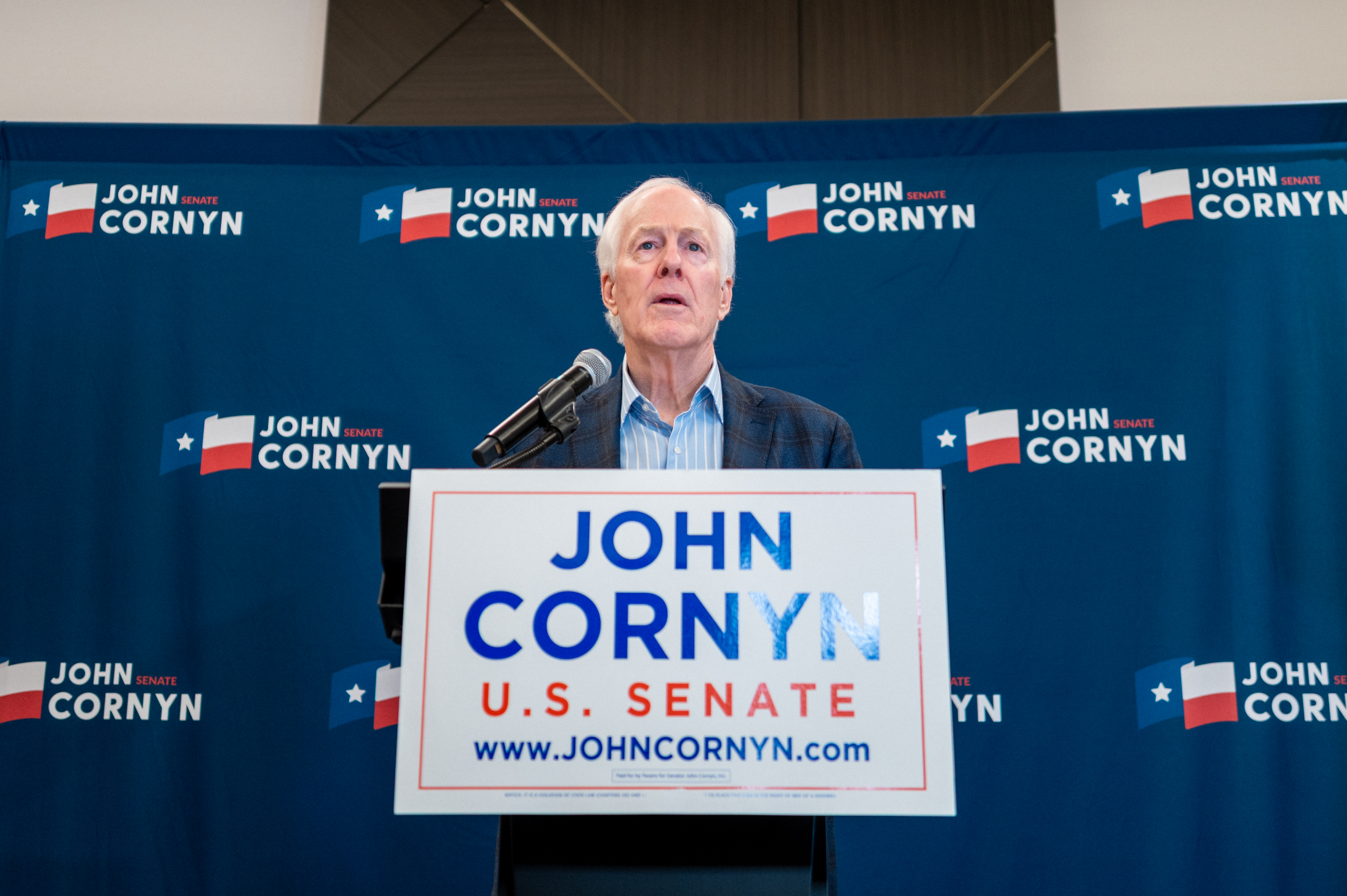 AUSTIN, TEXAS - MARCH 03: Sen. John Cornyn (R-TX) speaks to members of the media at the Austin Marriott Downtown on March 03, 2026 in Austin, Texas. Early results indicate a runoff race between Cornyn and opponent Texas Attorney General Ken Paxton. (Photo by Brandon Bell/Getty Images)
