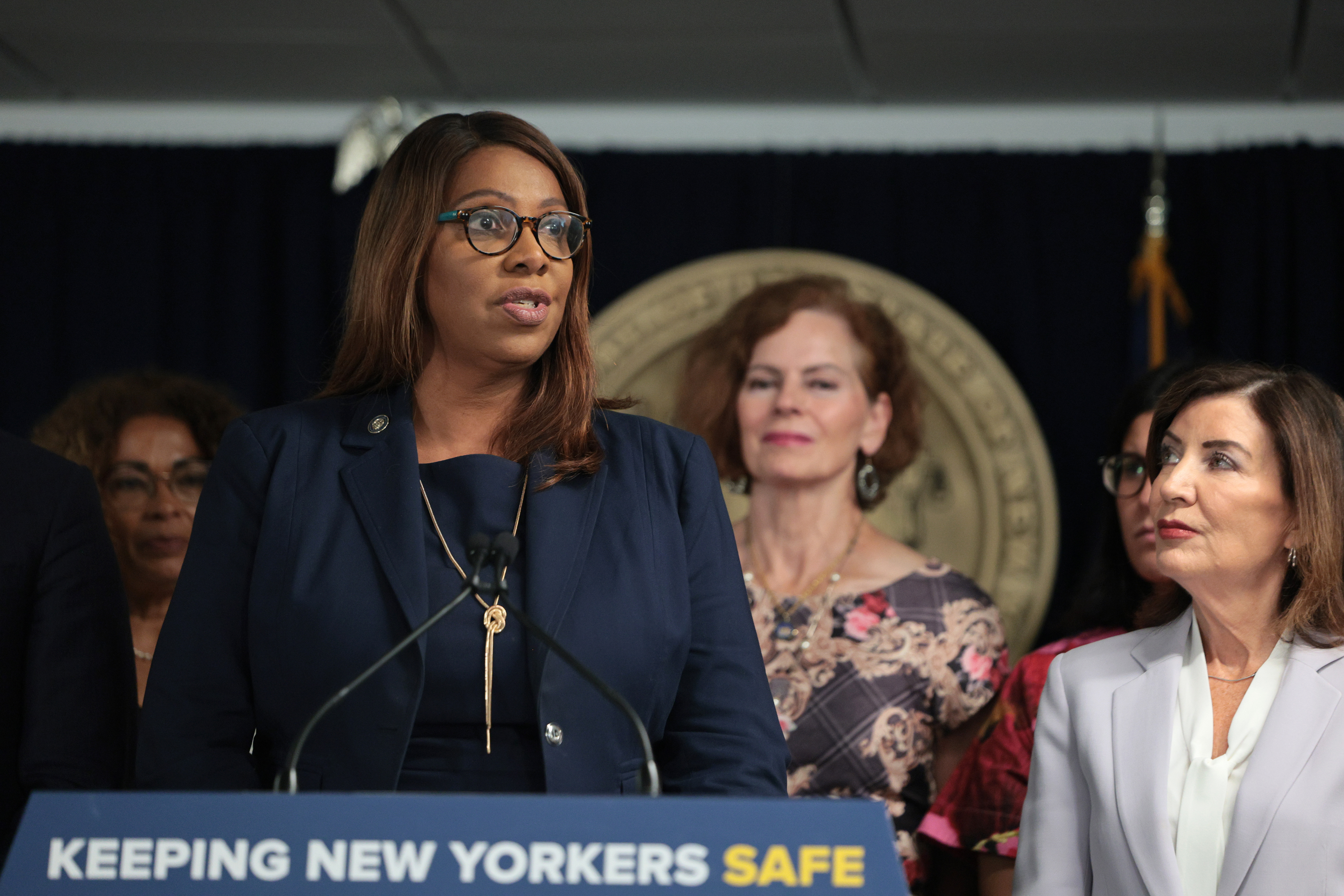 NEW YORK, NEW YORK - AUGUST 12: New York Attorney General Letitia James speaks during a press conference on Immigration and Customs Enforcement (ICE) actions on August 12, 2026 in New York City. Gov. Hochul and Mayor Mamdani were joined by Attorney General Letitia James as they made an announcement on the ICE overreach currently happening in NYC. (Photo by Michael M. Santiago/Getty Images)