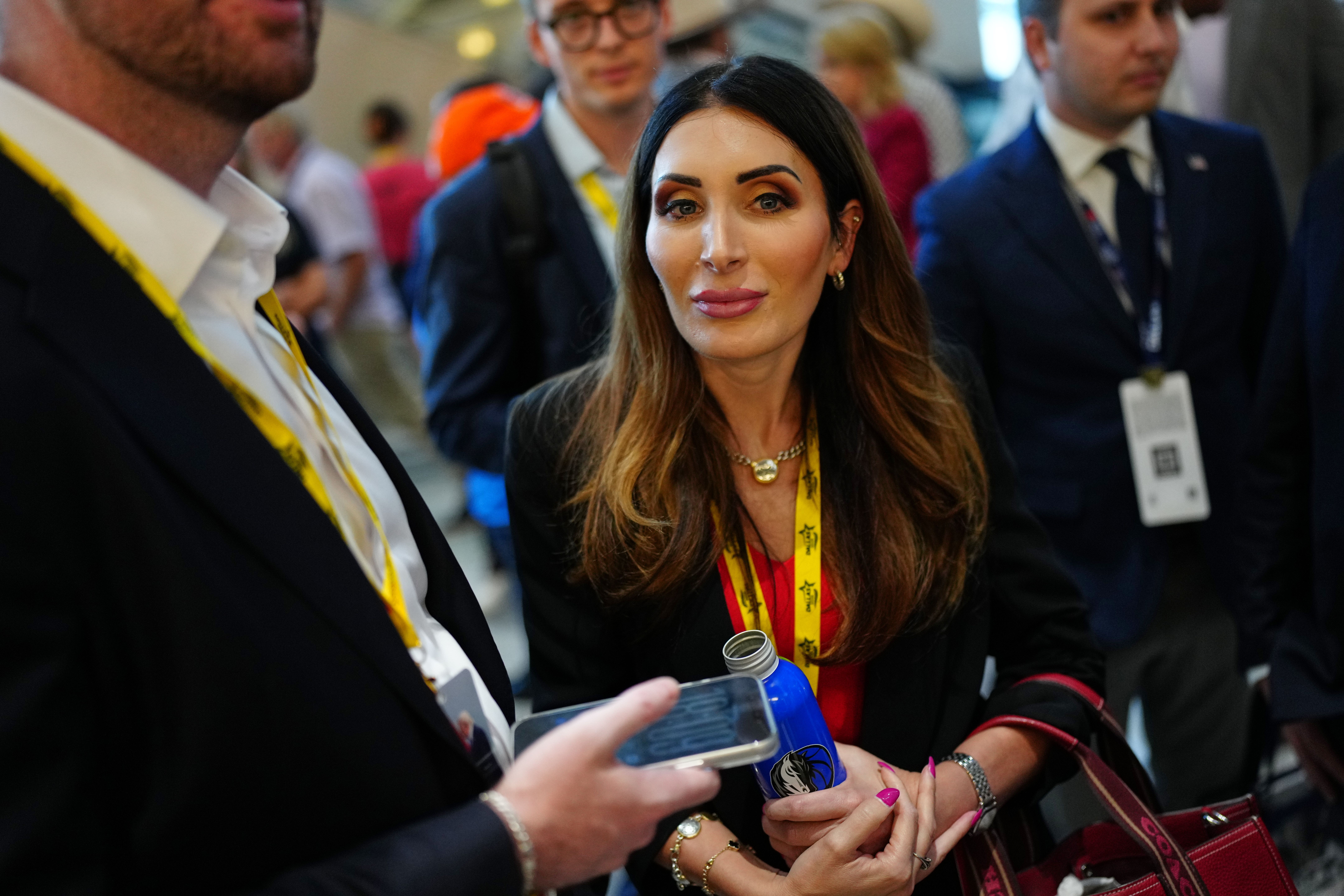 Laura Loomer talks to people at the Republican convention, Wednesday, Sept. 9, 2026, in Dallas. (AP Photo/Julia Demaree Nikhinson)