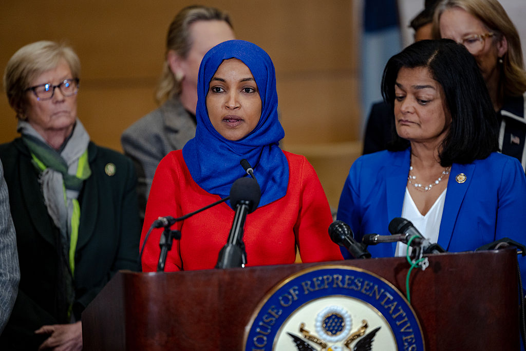 ST PAUL, MINNESOTA - JANUARY 16: U.S. Rep. Ilhan Omar (D-MN) speaks at a press conference after a field hearing at the Minnesota Senate Building on January 16, 2026 in St Paul, Minnesota. Democrats attend the field hearing titled Kidnapped and Disappeared: Trump's Deadly Assault on Minnesota, where local citizens and politicians speak about Immigration Operation
