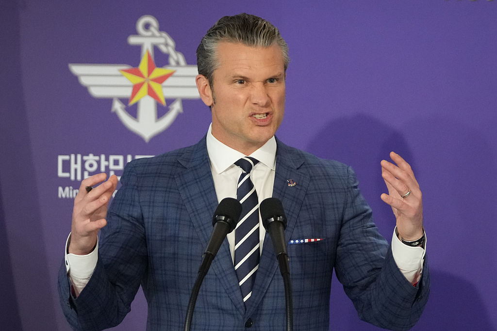 SEOUL, SOUTH KOREA - NOVEMBER 04: U.S. Defense Secretary Pete Hegseth speaks during a joint press conference with South Korean Defense Minister Ahn Gyu-back, following the 57th Security Consultative Meeting at the Defense Ministry on November 04, 2025 in Seoul, South Korea. The defense chiefs of South Korea and the United States were set to hold their annual security talks in Seoul to discuss a range of security issues, such as how to modernize the decadeslong alliance between the two nations. (Photo by Lee Jin-man - Pool/Getty Images)