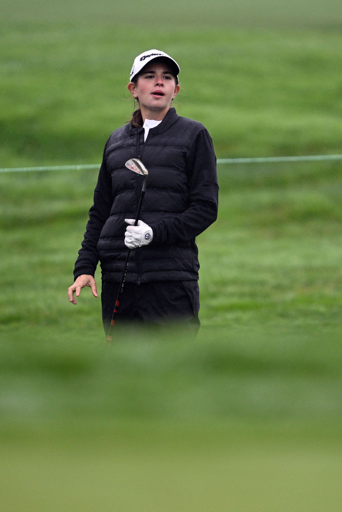 LA JOLLA, CALIFORNIA - FEBRUARY 12: Kai Trump watches her shot on the ninth hole prior to The Genesis Invitational 2025 at Torrey Pines Golf Course on February 12, 2025 in La Jolla, California. (Photo by Orlando Ramirez/Getty Images)
