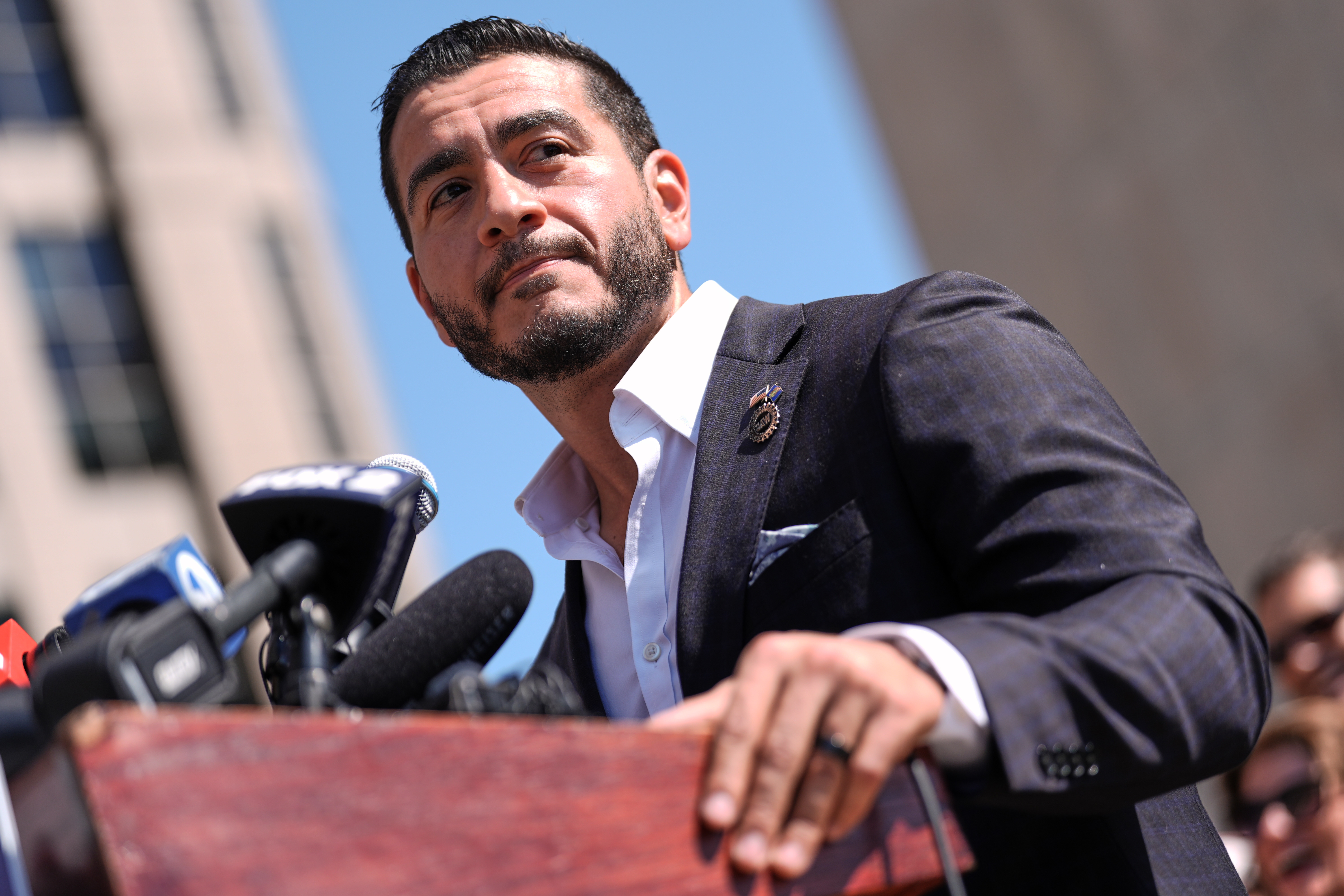 Abdul El-Sayed speaks during a news conference at the Spirit of Detroit shortly after winning the Democratic nomination for U.S. Senate in Michigan, Wednesday, Aug. 5, 2026, in Detroit. (AP Photo/Julia Demaree Nikhinson)