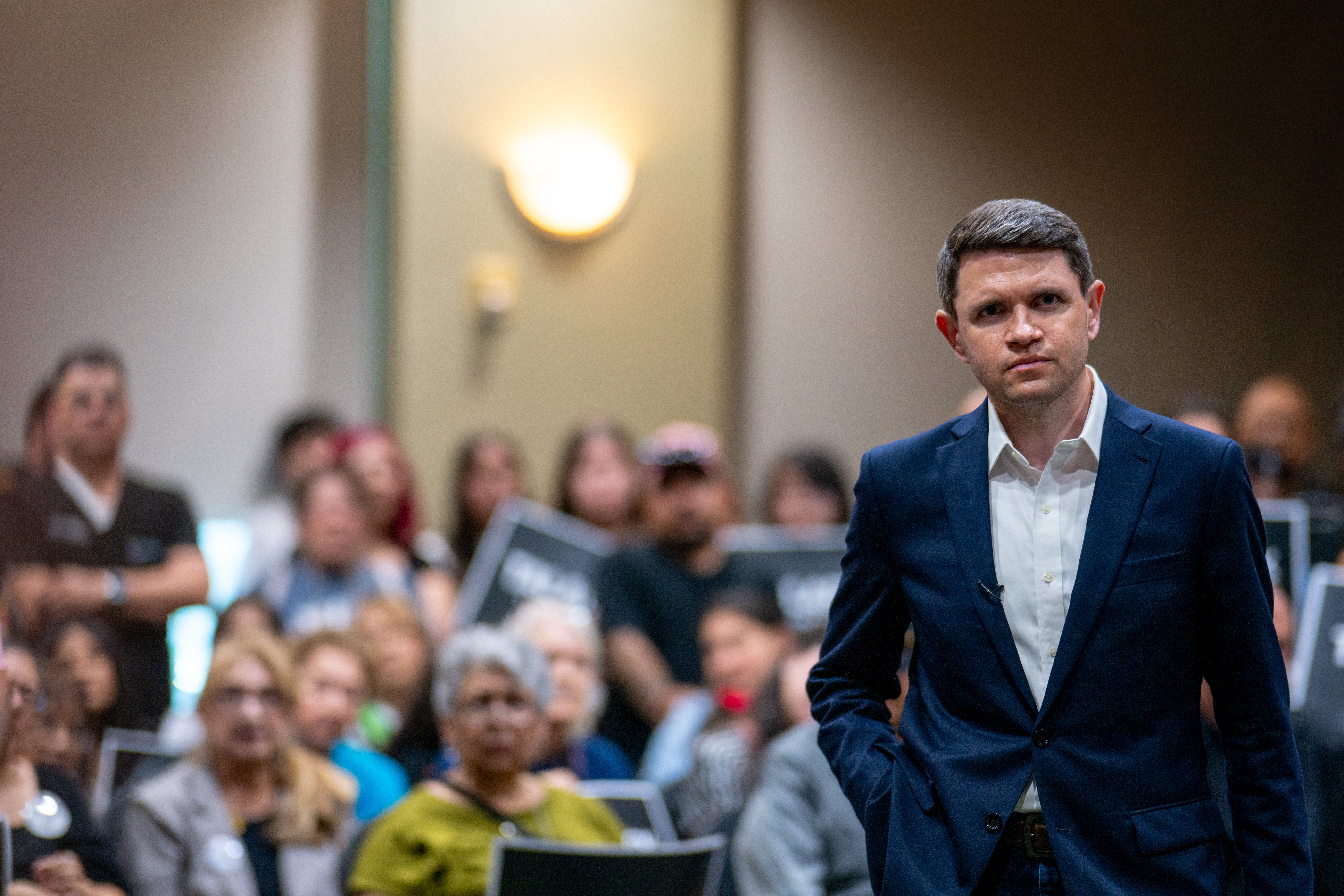 EAGLE PASS, TEXAS - JULY 13: Democratic U.S. Senate candidate James Talarico listens to a question during the conclusion of a “Talarico for Texas: Frontera Tour” campaign rally at the International Center For Trade convention center on July 13, 2026 in Eagle Pass, Texas. Talarico continues campaigning across the state against Republican U.S. Senate candidate and Texas Attorney General Ken Paxton ahead of the November 3rd general elections. (Photo by Brandon Bell/Getty Images)