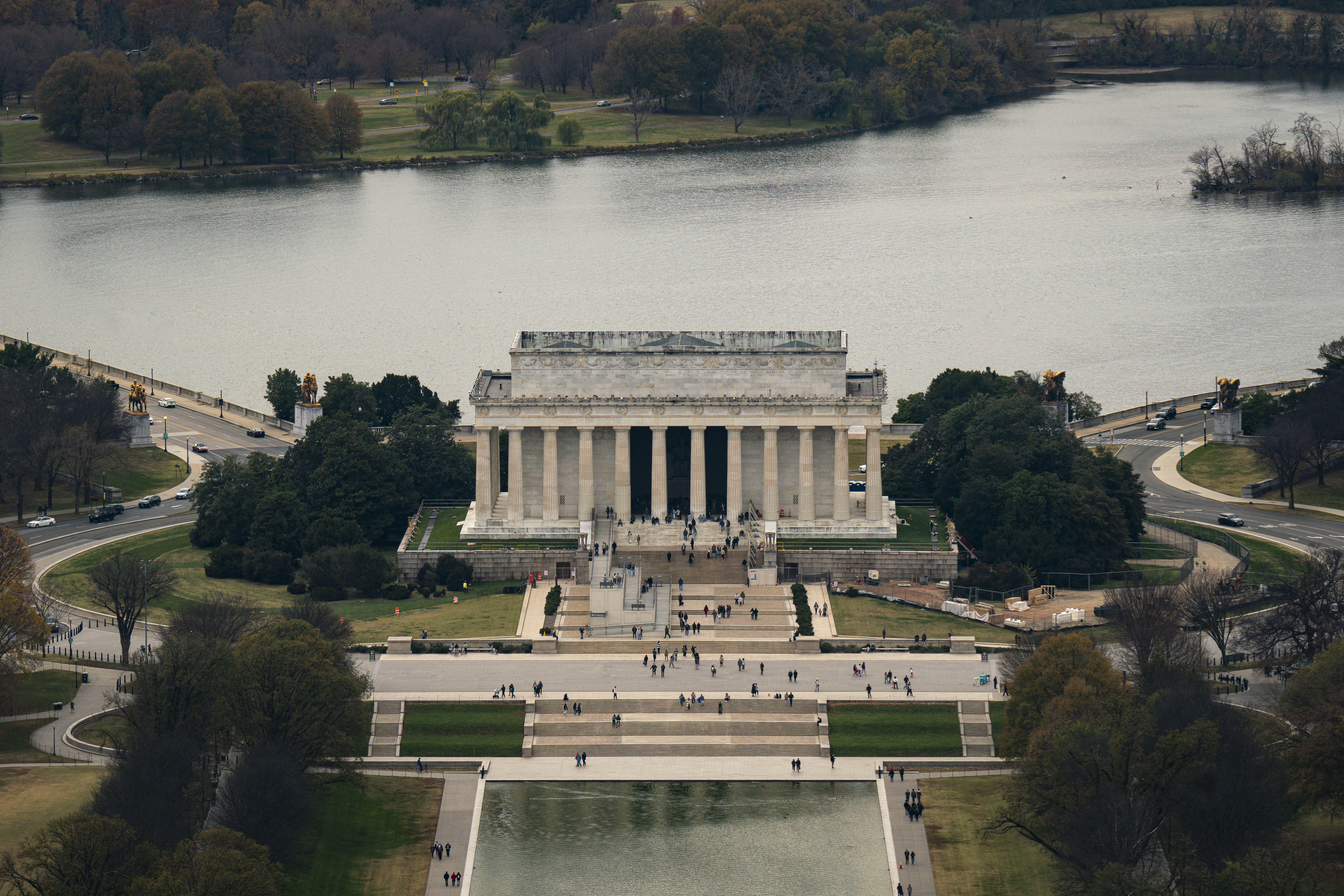 WASHINGTON, DC - NOVEMBER 14: The Lincoln Memorial stands on the National Mall between the Potomac River and the Reflecting Pool on November 14, 2025 in Washington, DC. Built in 1920 by architect Henry Bacon, the memorial honoring the 16th president of the United States was the site of Martin Luther King Jr.'s