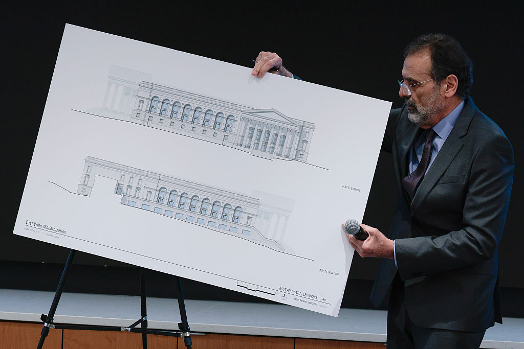 WASHINGTON, DC - JANUARY 08: Architect Shalom Baranes shows elevation drawings for a new $400 million ballroom at the White House to members of the National Capital Planning Commission on January 08, 2026 in Washington, DC. The commission met to discuss U.S. President Donald Trump's planned construction of a new ballroom at the White House which began months ago and will replace the recently demolished two-story East Wing. (Photo by Chip Somodevilla/Getty Images)