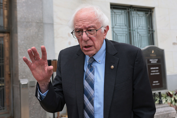 WASHINGTON, DC - JULY 16: Sen. Bernie Sanders (I-VT) speaks with reporters about his meeting with NYC Mayoral Candidate outside the Dirksen Senate Office Building on July 16, 2025 in Washington, DC. Zohran met privately with Sanders after attending a breakfast event hosted by Rep. Alexandria Ocasio-Cortez (D-N.Y.) He is expected to meet House Minority Leader Rep. Hakeem Jeffries (D-NY), who has yet to endorse later this week.  (Photo by Michael M. Santiago/Getty Images)