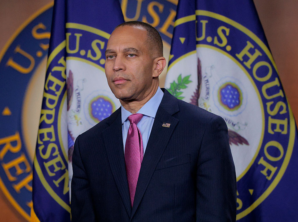 WASHINGTON, DC - OCTOBER 01: House Minority Leader Hakeem Jeffries (D-NY) holds a press conference in the U.S. Capitol Visitors Center on October 01, 2025 in Washington, DC. The federal government shut down early Wednesday after Congress and the White House failed to reach a funding deal. (Photo by Chip Somodevilla/Getty Images)