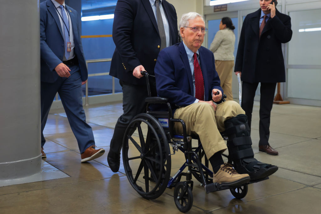 WASHINGTON, DC - MARCH 03: U.S.  Sen. Mitch McConnell (R-KY) is wheeled at the Senate Subway before voting at the U.S. Capitol on March 03, 2025 in Washington, DC. The Senate confirmed Linda McMahon to be Education Secretary by a 51-45 party-line vote.  (Photo by Kayla Bartkowski/Getty Images)