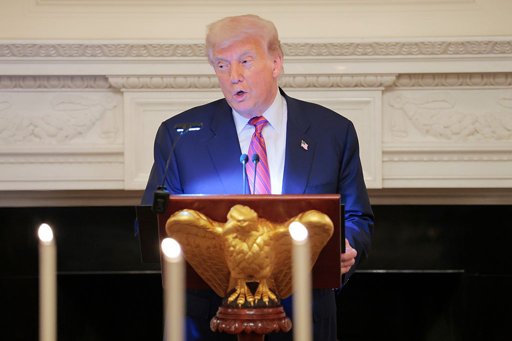 WASHINGTON, DC - JULY 18: U.S. President Donald Trump delivers remarks to Republican senators during a dinner in the State Dining Room of the White House on July 18, 2025 in Washington, DC. Trump hosted the dinner to celebrate the Senate's recent passage of legislation. (Photo by Anna Moneymaker/Getty Images)