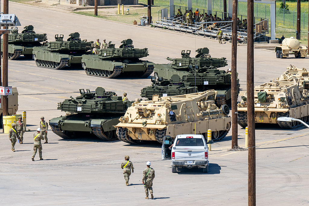 KILLEEN, TEXAS - MAY 21: Texas U.S. Army soldiers prepare to load military vehicles onto trains en route to Washington D.C., from Fort Cavazos on May 21, 2025 in Killeen, Texas. The U.S. Army is preparing to send 150 military vehicles from Texas to Washington D.C. for the 250th anniversary June Military Parade. (Photo by Brandon Bell/Getty Images)