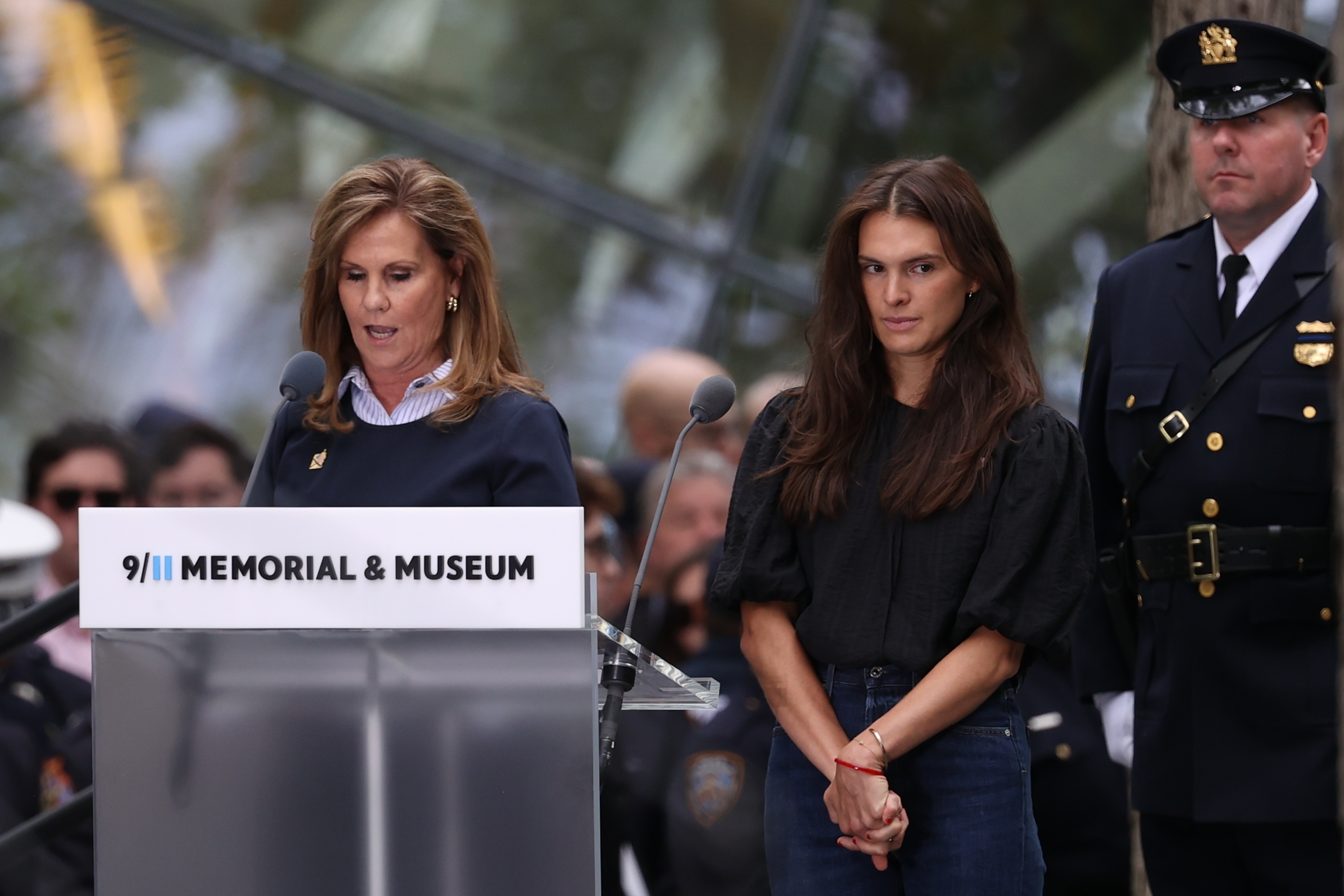 Terry Strada, National chair of the group 9/11 Families United speaks during a memorial on the 25th anniversary of the September 11, 2001, terrorist attacks, Friday, Sept. 11, 2026, in New York. (AP Photo/Pamela Smith)