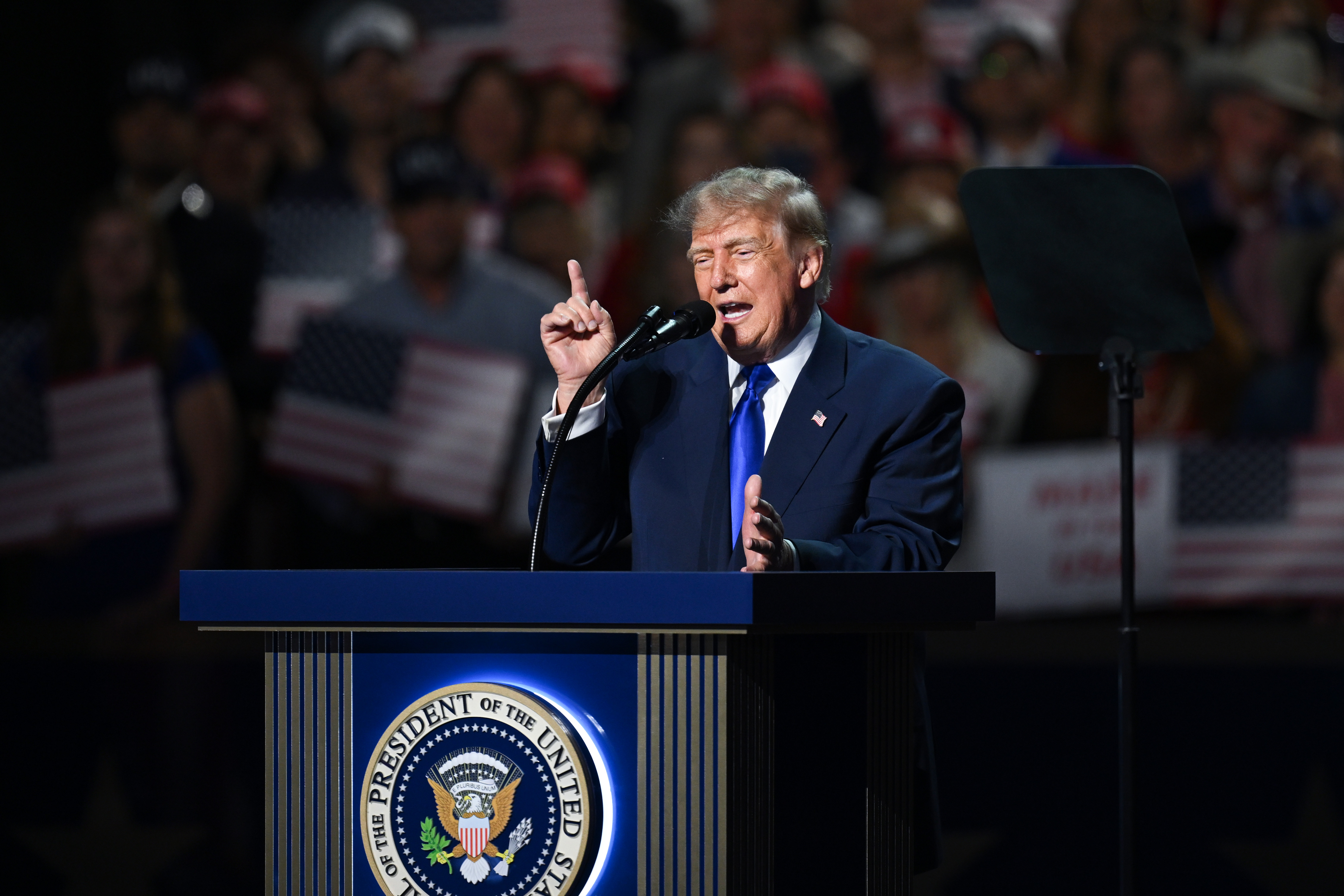 DALLAS, TEXAS - SEPTEMBER 09: U.S. President Donald Trump speaks on stage on the first day of the 2026 Republican National Convention at the American Airlines Center on September 09, 2026 in Dallas, Texas. U.S. President Donald Trump will headline the Republican National Committee's first-ever midterm convention as he aims to highlight his administration’s achievements and rally support for GOP candidates just two months before the upcoming elections being held on November 3. (Photo by Brandon Bell/Getty Images)