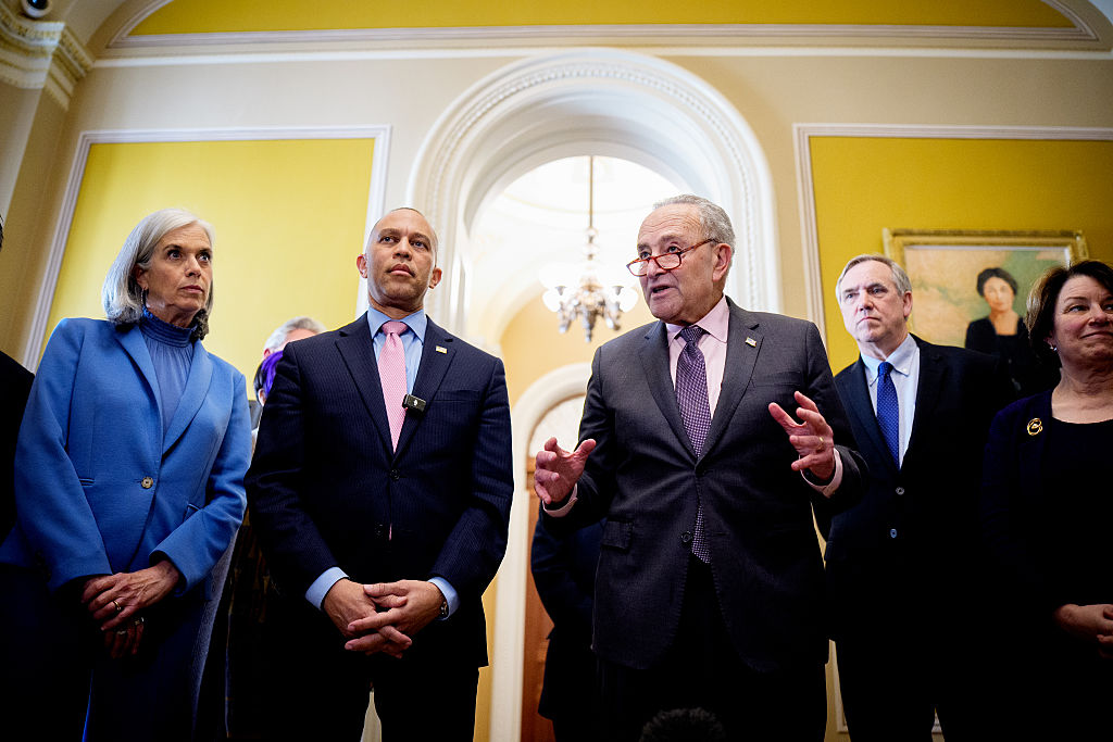 WASHINGTON, DC - APRIL 8: Senate Minority Leader Chuck Schumer (D-NY), accompanied by House Minority Whip Katherine Clark (D-MA) (L), House Minority Leader Hakeem Jeffries (D-NY) (2nd-L), Sen. Jeff Merkley (D-OR) (2nd-R) and Sen. Amy Klobuchar (D-MN) (R), speaks following a Democratic leadership meeting at the U.S. Capitol on April 8, 2025 in Washington, DC. Following a Senate and House Democratic leadership meeting, Schumer and Jeffries told reporters that Democrats were unified in their opposition to the Republicans' proposed budget, which they said included tax cuts for the wealthy and vowed to protect America's social safety net programs. (Photo by Andrew Harnik/Getty Images)