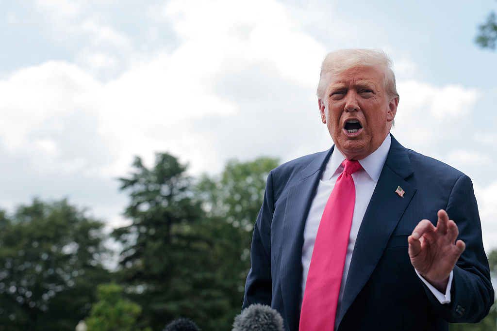 WASHINGTON, DC - JULY 15: U.S. President Donald Trump speaks to the media as he departs the White House on July 15, 2025 in Washington, DC. Trump is traveling to Pittsburgh, Pennsylvania, to speak at an artificial intelligence and energy summit.  (Photo by Anna Moneymaker/Getty Images)