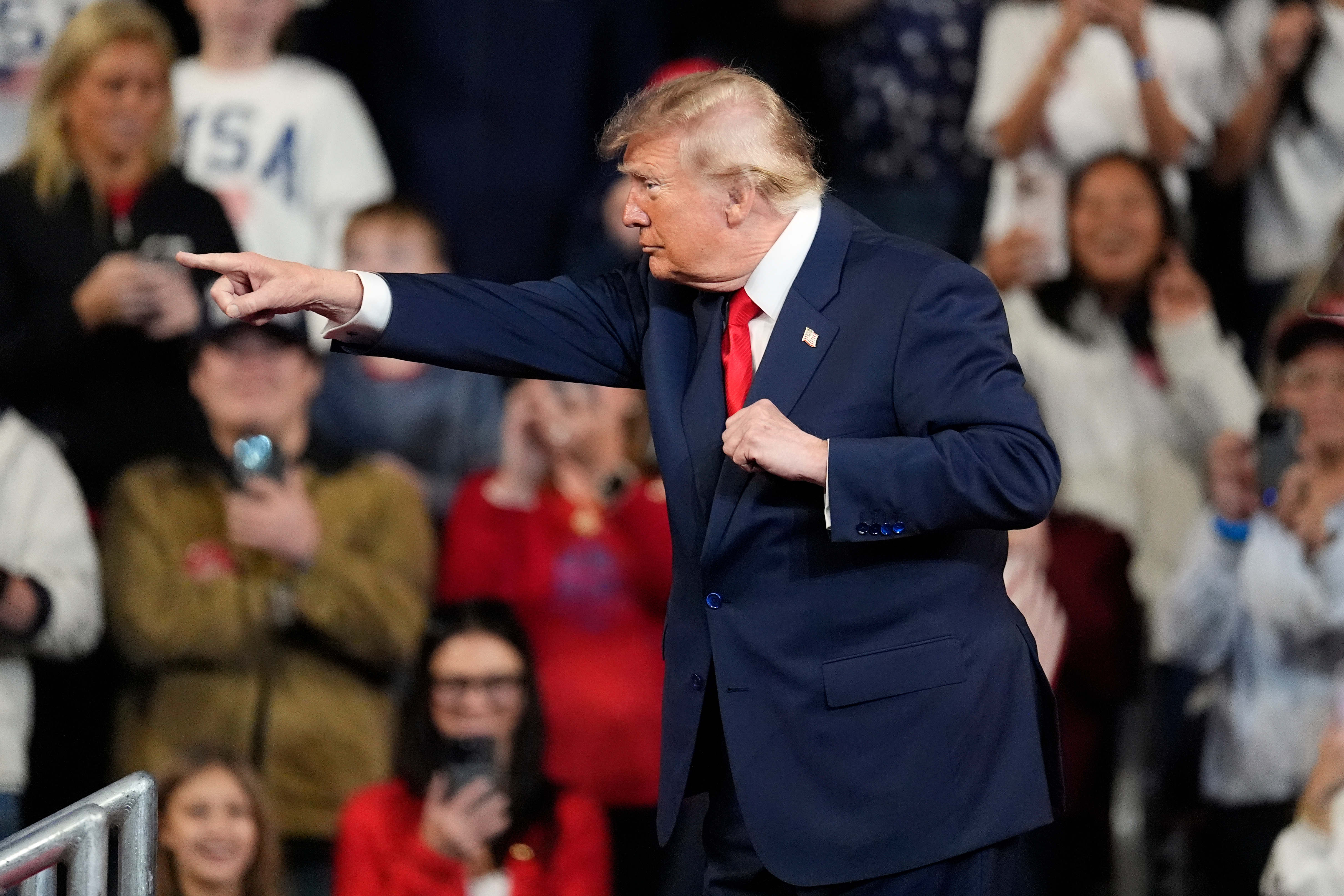 President Donald Trump departs a campaign rally at F&M Bank Arena, Saturday, Oct. 10, 2026, in Clarksville, Tenn. (AP Photo/George Walker IV)