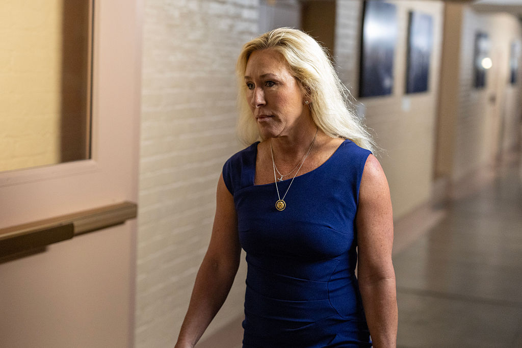 WASHINGTON, DC - MAY 20:  Rep. Marjorie Taylor Greene (R-GA) arrives for a House Republican meeting at the U.S. Capitol on May 20, 2025 in Washington, DC. U.S. President Donald Trump will join conservative House lawmakers to help push through their budget bill after it advanced through the House Budget Committee on Sunday evening. (Photo by Tasos Katopodis/Getty Images)