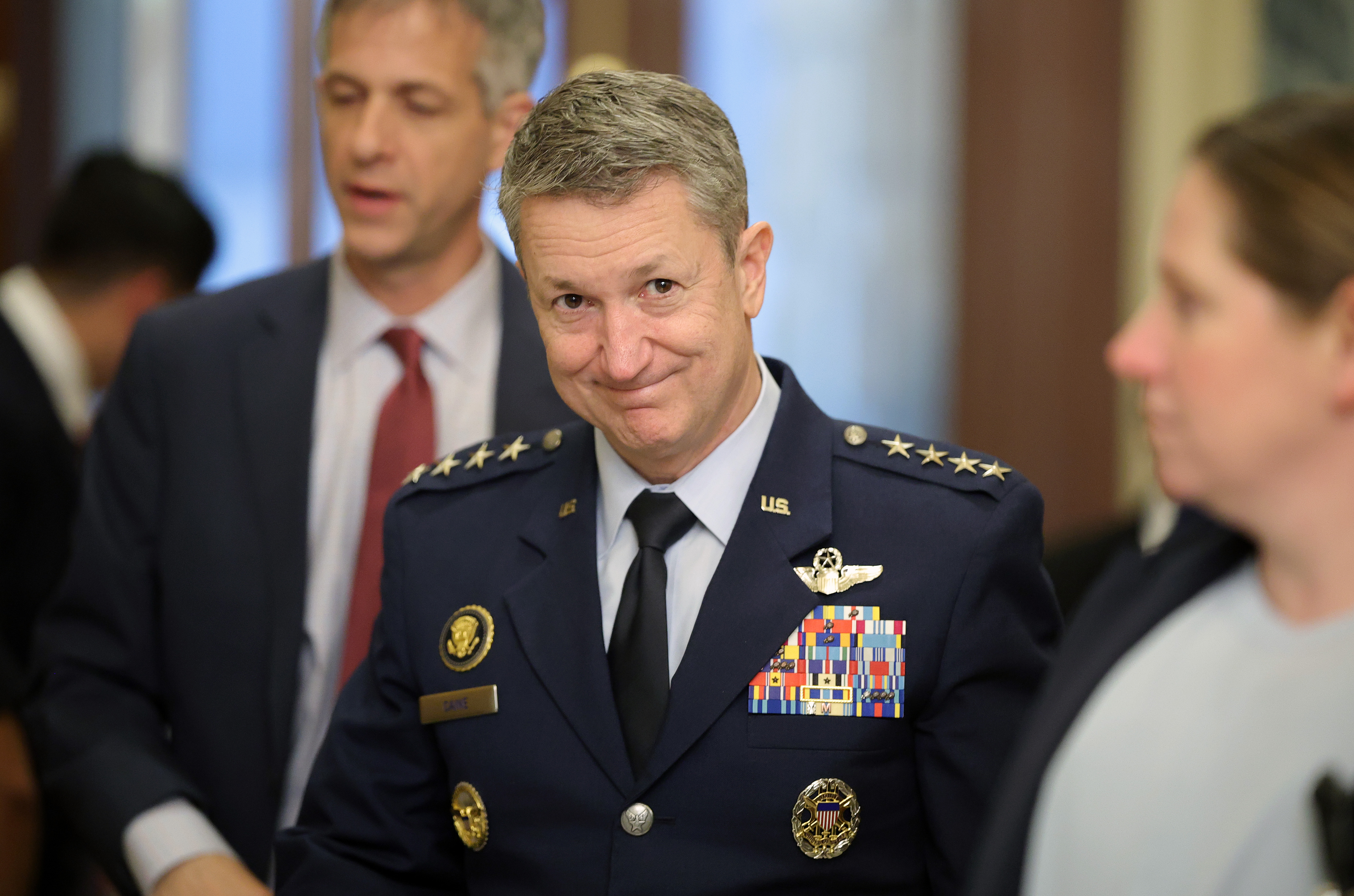 WASHINGTON, DC - MARCH 02: Chairman of the Joint Chiefs of Staff Air Force Gen. Dan Caine arrives to deliver a briefing on Iran at the U.S. Capitol on March 02, 2026 in Washington, DC. Members of the Trump administration are briefing Congressional leadership on U.S. military operations in Iran. (Photo by Kevin Dietsch/Getty Images)