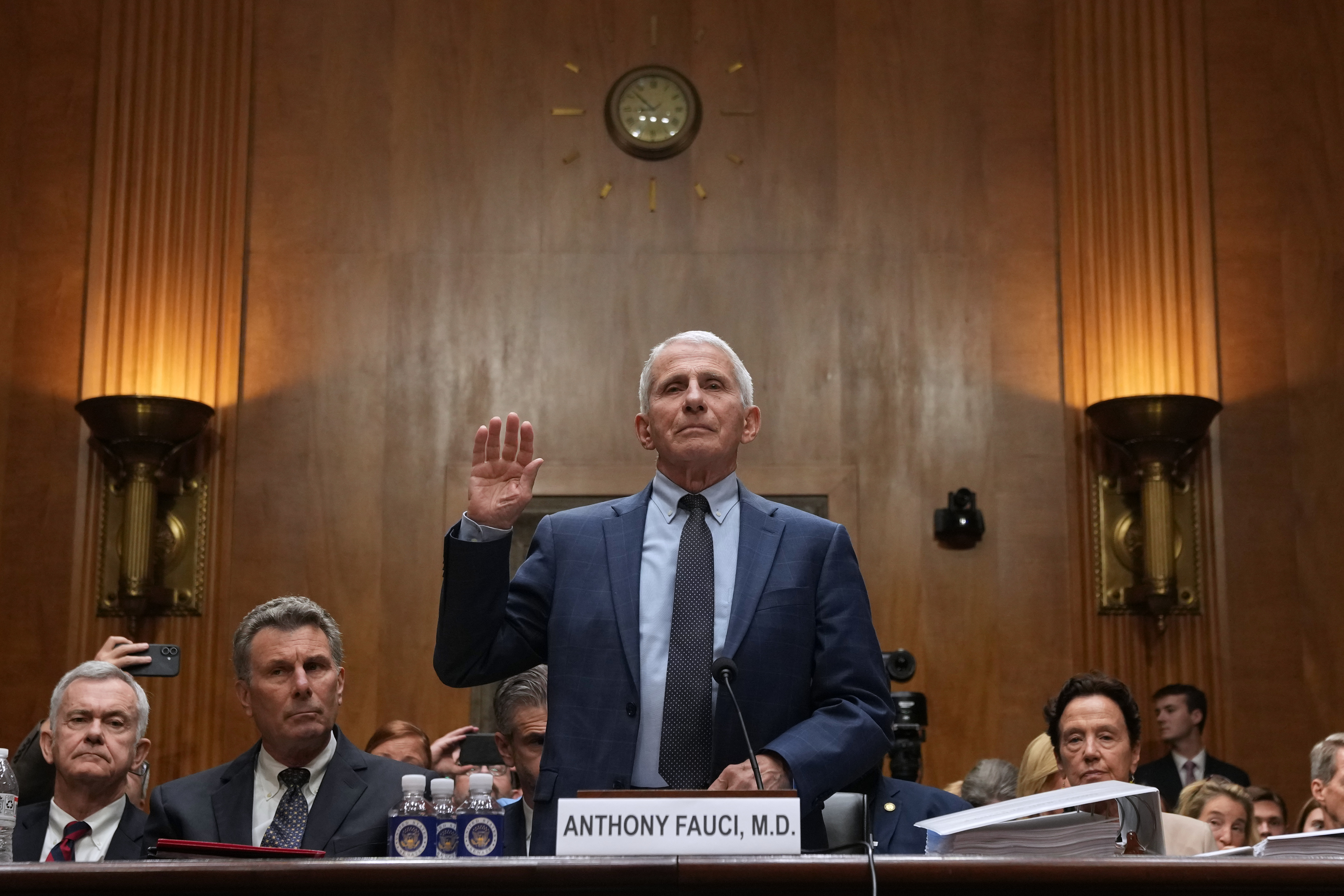 Dr. Anthony Fauci is sworn in before the Senate Homeland Security and Governmental Affairs Committee at the Capitol, Wednesday, July 29, 2026, in Washington. (AP Photo/Allison Robbert)
