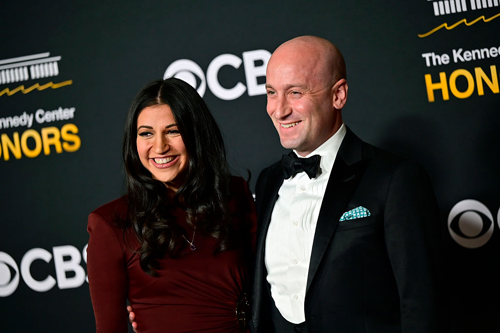 WASHINGTON, DC - DECEMBER 07: (L-R) Katie Miller and Stephen Miller attend the 48th Kennedy Center Honors at The Kennedy Center on December 07, 2025 in Washington, DC. (Photo by Shannon Finney/WireImage)