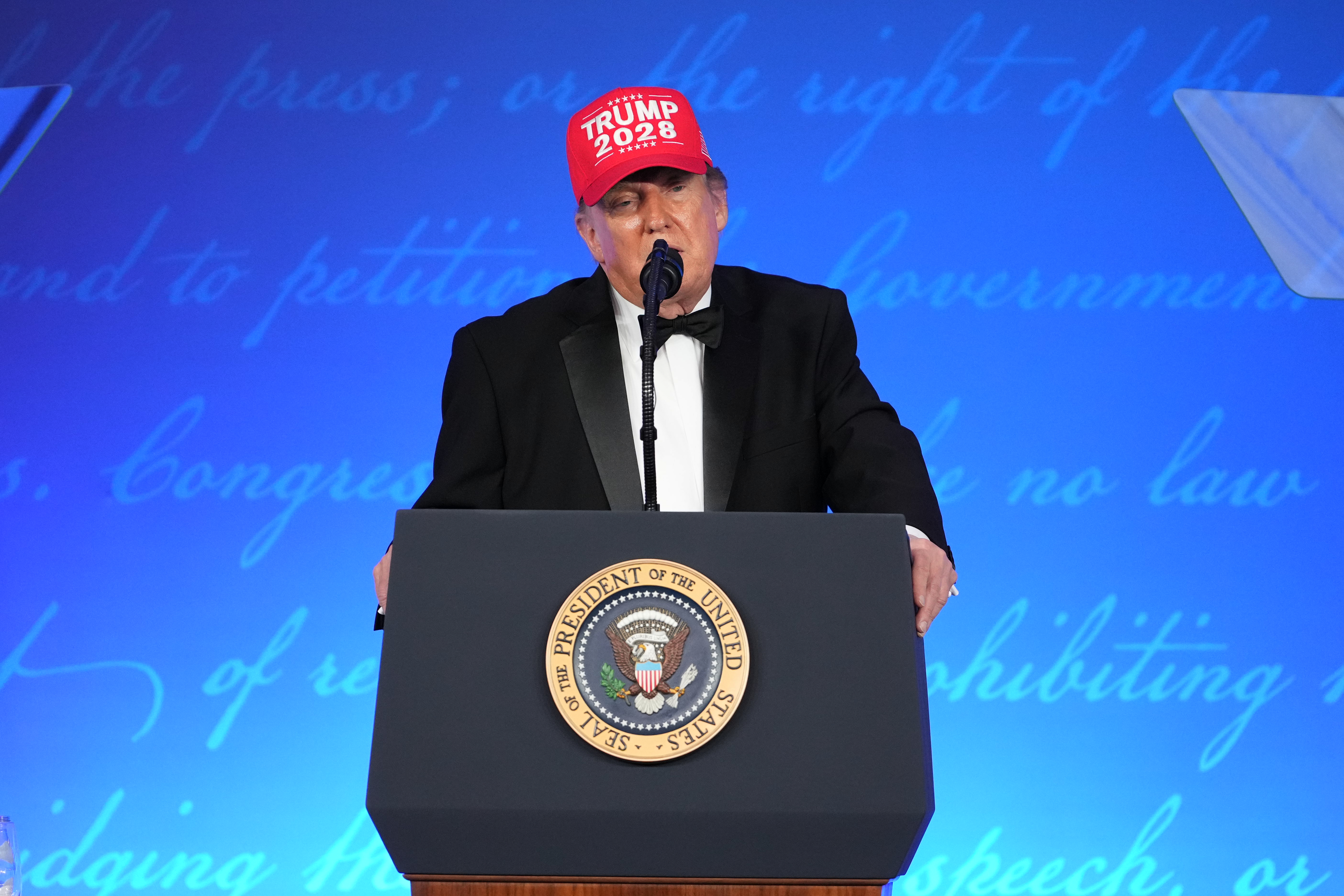 President Donald Trump speaks at the White House Correspondents' Association dinner at the Waldorf Astoria Washington DC, Friday, July 24, 2026, in Washington. (AP Photo/Mark Schiefelbein)