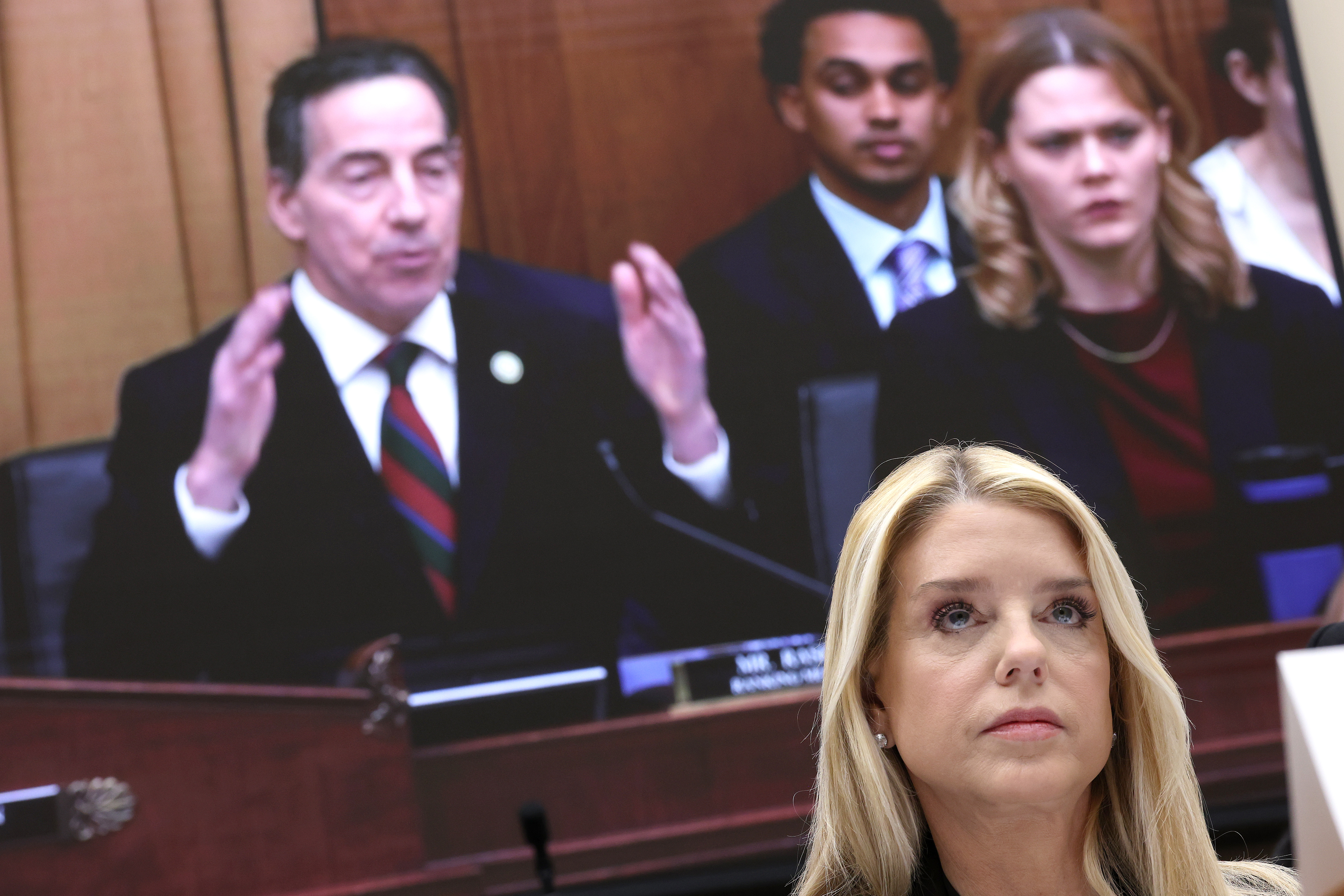 WASHINGTON, DC - FEBRUARY 11: U.S. Attorney General Pam Bondi listens as House Judiciary Committee Ranking Member Rep. Jamie Raskin (D-MD) delivers opening remarks during a House Judiciary Committee hearing in the Rayburn House Office Building on February 11, 2026 in Washington, DC. Bondi is expected to face questions on her department’s handling of the files related to the convicted sex offender Jeffrey Epstein, President Trump’s investigations into political foes and the handing of the two fatal ICE shootings of U.S. citizens. (Photo by Win McNamee/Getty Images)