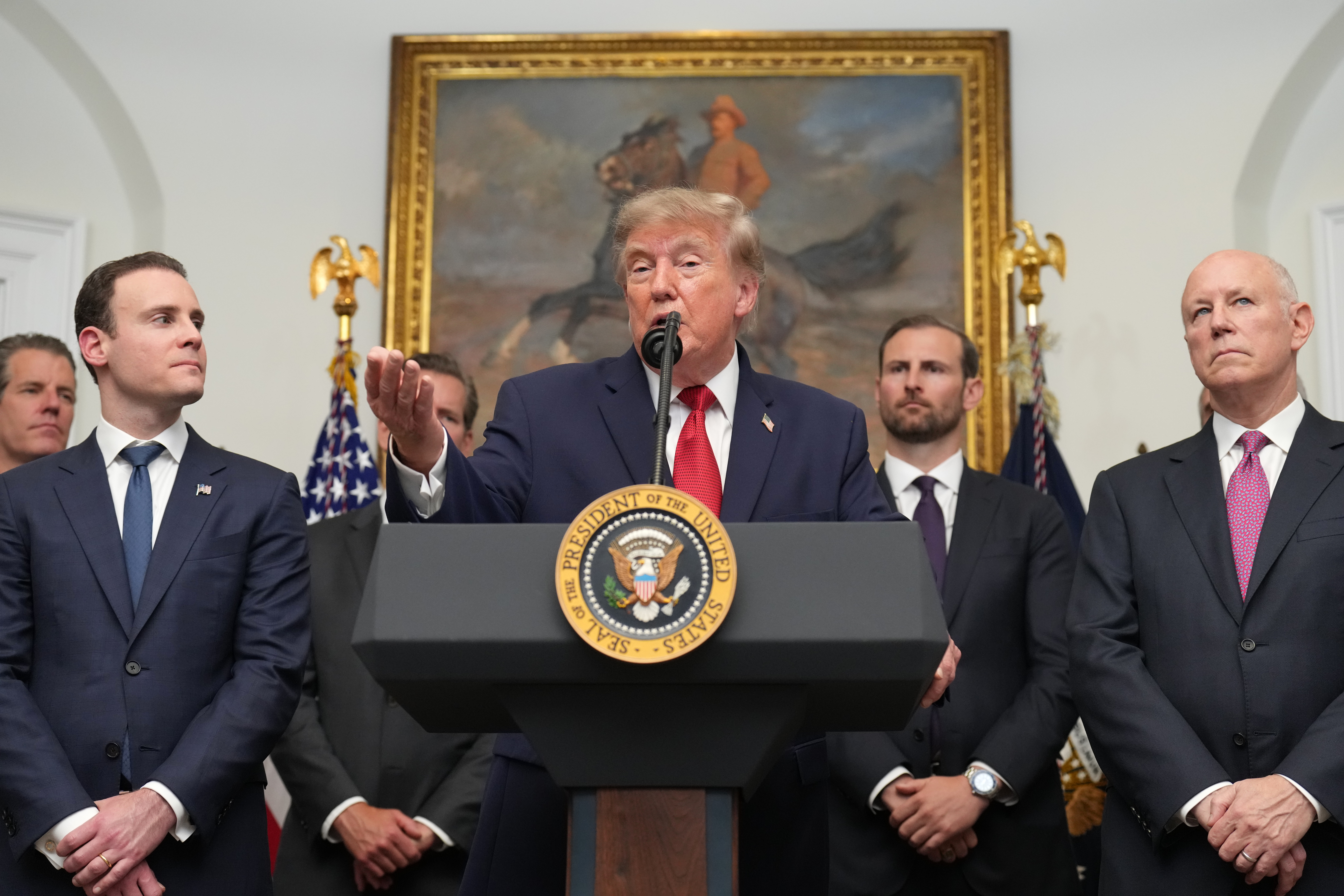 President Donald Trump speaks during a meeting with technology leaders in the Roosevelt Room of the White House, Wednesday, Aug. 19, 2026, in Washington. (AP Photo/Jacquelyn Martin)