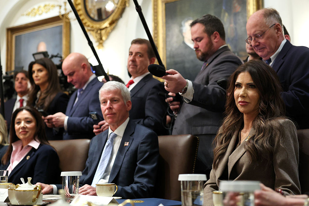 WASHINGTON, DC - JANUARY 29: (L-R) U.S. Secretary of Labor Lori Chavez-DeRemer. U.S. Secretary of Energy Chris Wright, and U.S. Secretary of the Department of Homeland Security Kristi Noem look on during a meeting of the Cabinet in the Cabinet Room of the White House on January 29, 2026 in Washington, DC. President Trump is holding the meeting as the Senate plans to hold a vote on a spending package to avoid another government shutdown, however Democrats are holding out for a deal to consider funding for the Department of Homeland Security.&nbsp; (Photo by Win McNamee/Getty Images)