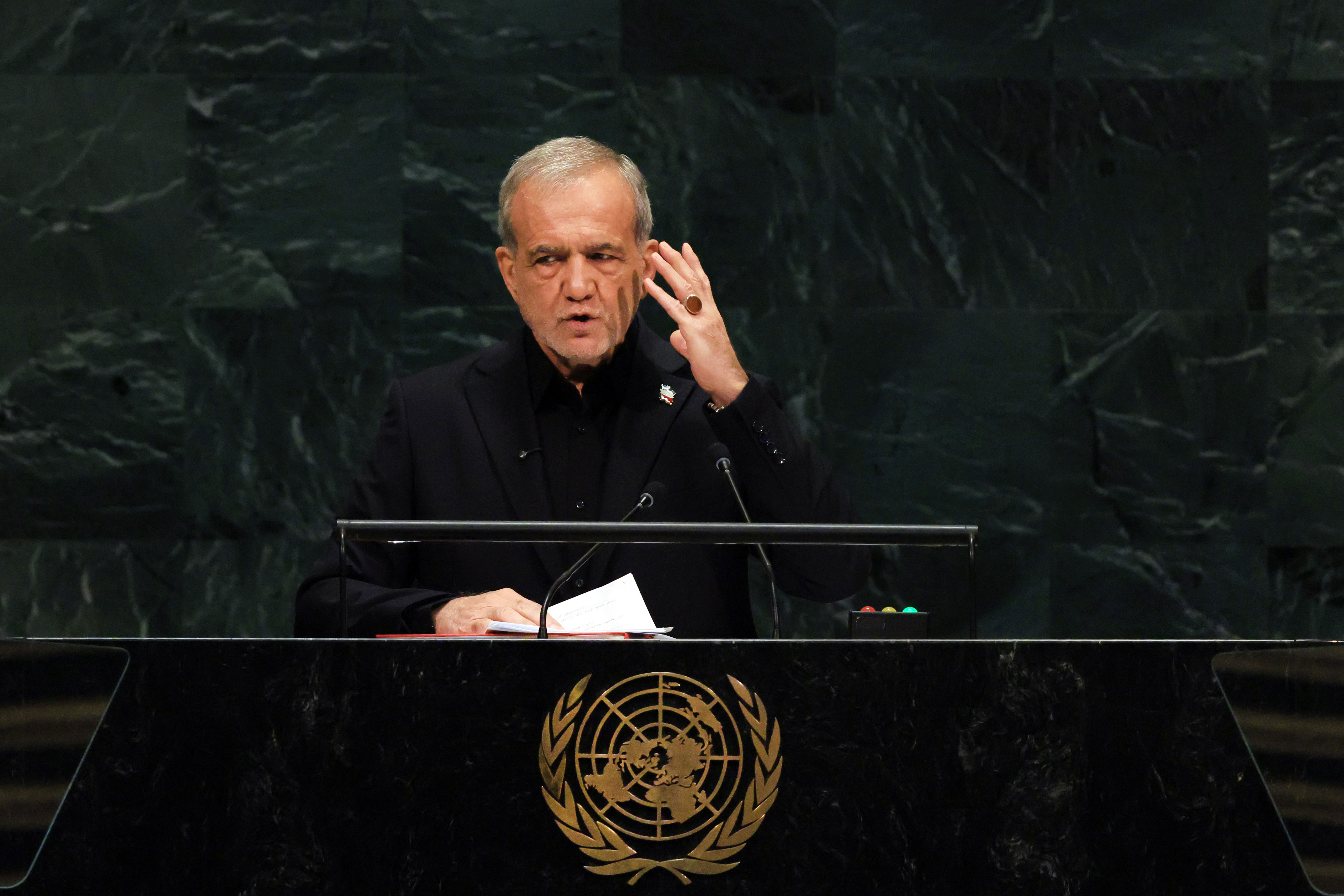 NEW YORK, NEW YORK - SEPTEMBER 23:  Iranian President Masoud Pezeshkian speaks during the 81st session of the United Nations (U.N.) General Assembly at U.N. Headquarters on September 23, 2026 in New York City. World leaders have gathered in New York for the annual session of the United Nations General Assembly, with this year's global issues ranging from the threat of artificial intelligence to the continued wars in Ukraine and Gaza. (Photo by Spencer Platt/Getty Images)