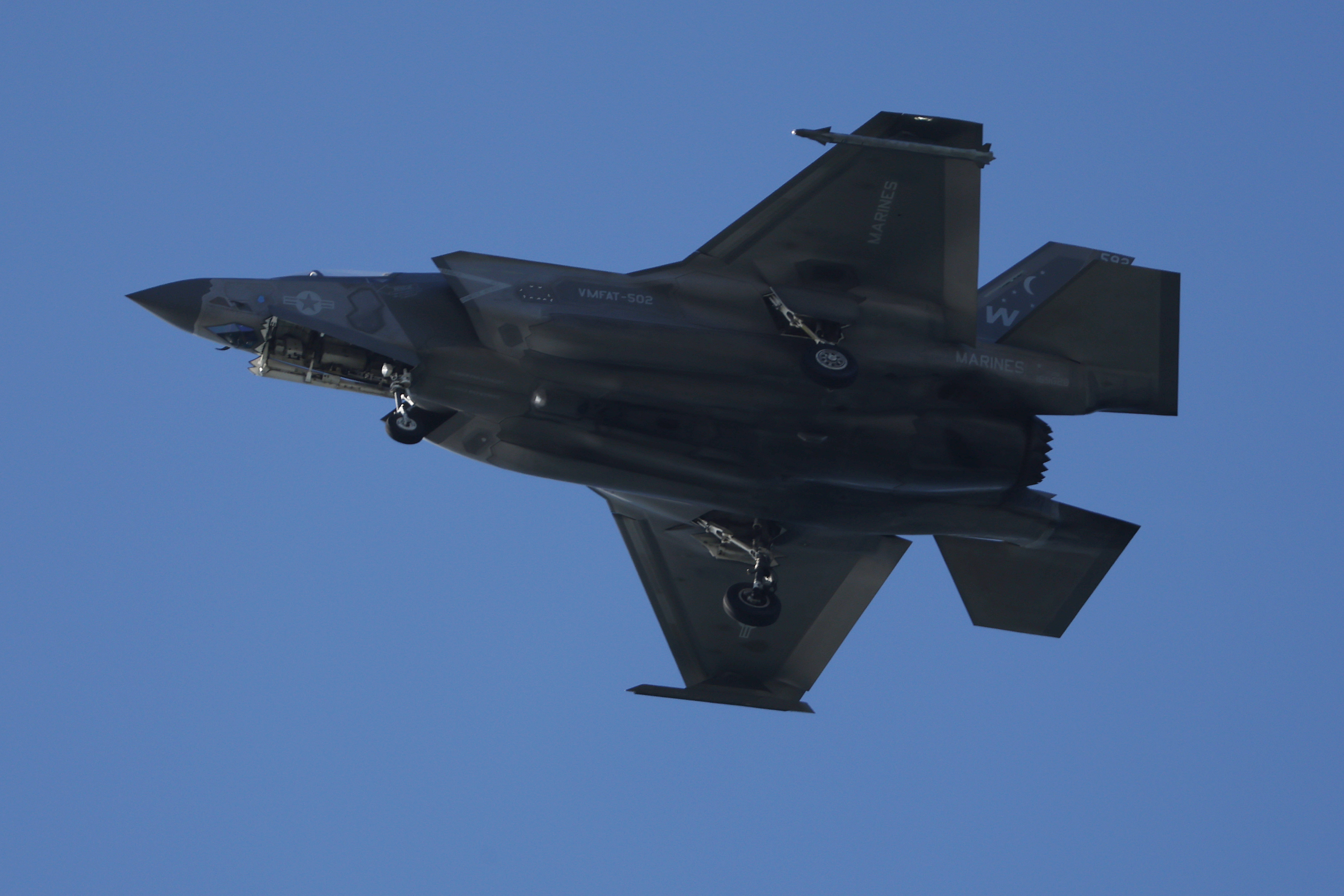 SAN DIEGO, CALIFORNIA - JANUARY 9: A United States Marine Corps Lockheed Martin F-35 Lightning II approaches Marine Corps Air Station Miramar for a landing on January 9, 2026 in San Diego, California.  (Photo by Kevin Carter/Getty Images)