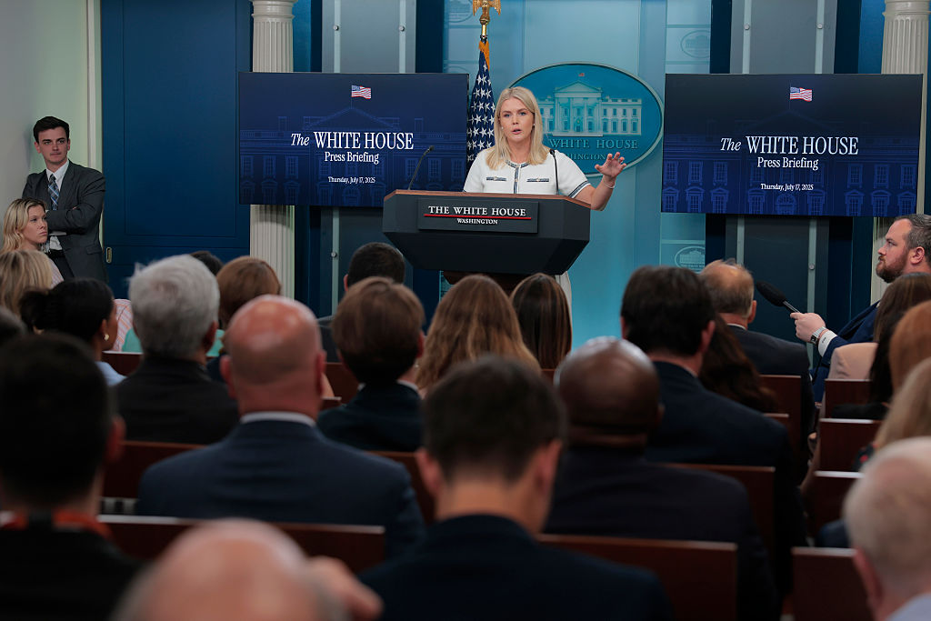 WASHINGTON, DC - JULY 17: White House Press Secretary Karoline Leavitt calls on reporters during a press briefing in the Brady Press Briefing Room at the White House on July 17, 2025 in Washington, DC. During the press briefing Leavitt spoke on a range of topics including U.S. President Donald Trump's health, the Department of Justices' investigation into the Epstein files and funding for NPR and PBS.  (Photo by Anna Moneymaker/Getty Images)