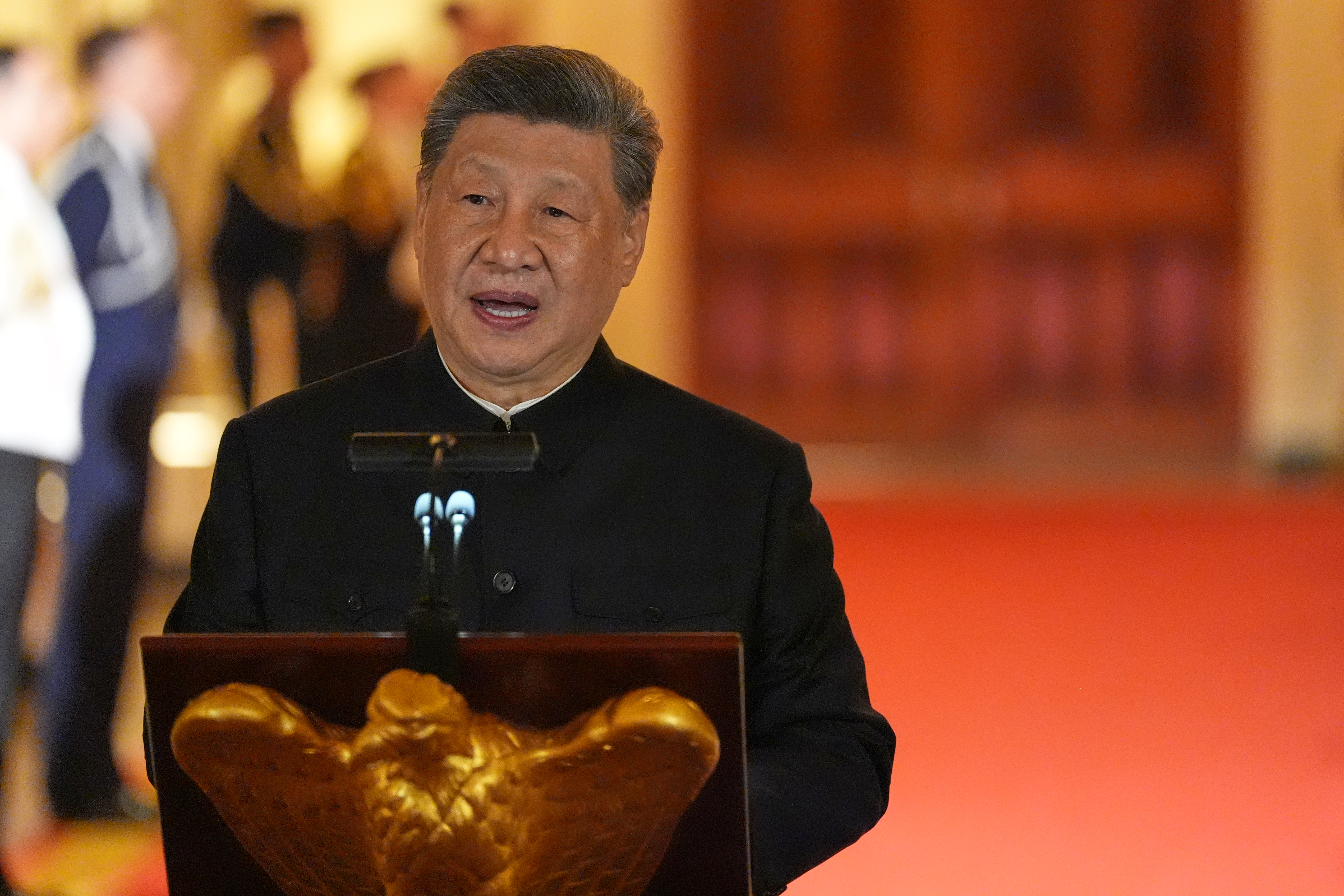 China's President Xi Jinping speaks during a State Dinner with President Donald Trump in the East Room of the White House, Thursday, Sept. 24, 2026, in Washington. (AP Photo/Alex Brandon)