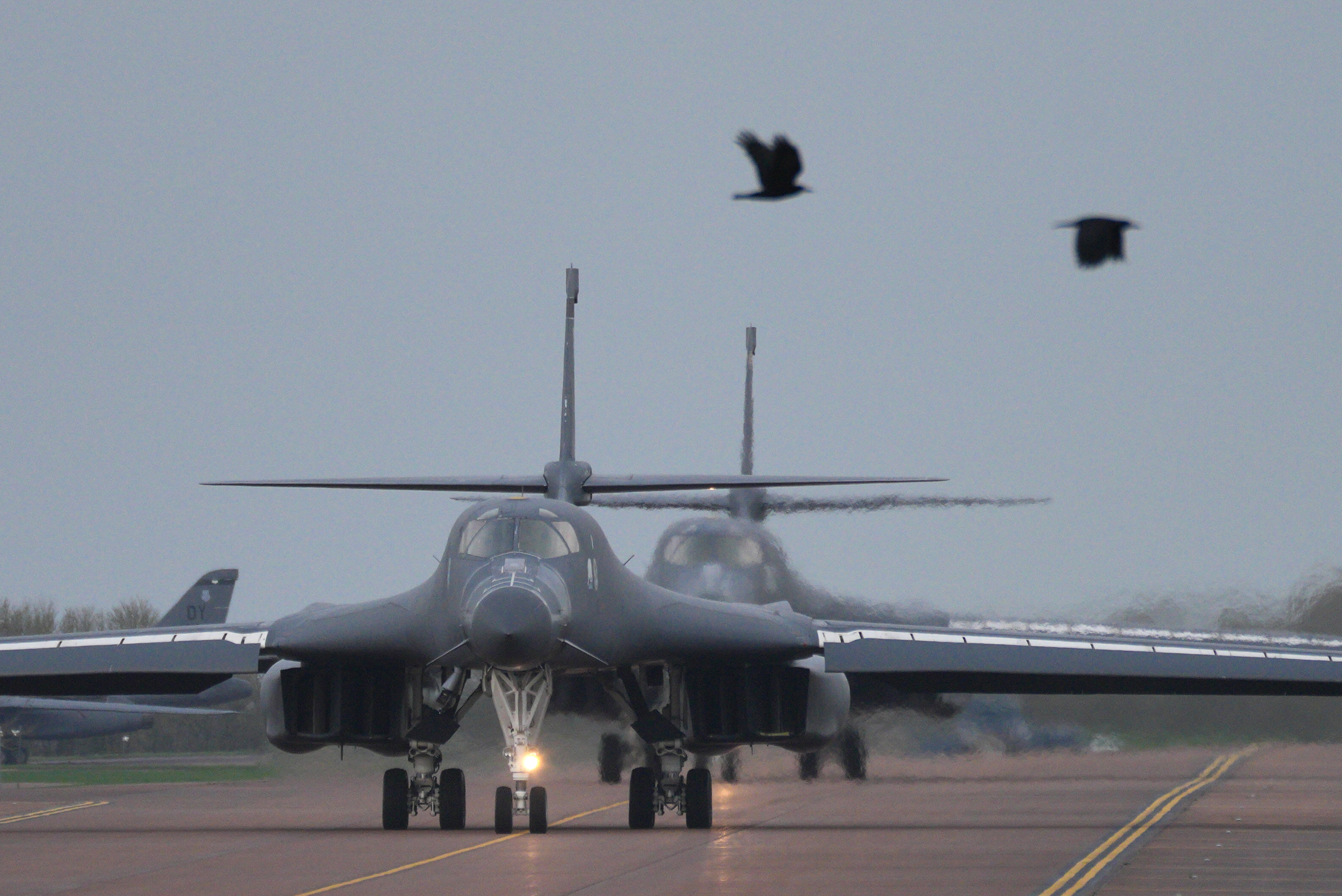 FAIRFORD, ENGLAND - MARCH 13: US Air Force B-1B Lancer bombers prepare for take off at RAF Fairford on March 13, 2026 in Fairford, England. Since UK Prime Minister Keir Starmer allowed the US to use British bases to launch defensive strikes against Iranian missile sites, a variety of US military aircraft including B52 bombers,  and B-1 bombers, have arrived at RAF Fairford in Gloucestershire. (Photo by Christopher Furlong/Getty Images)