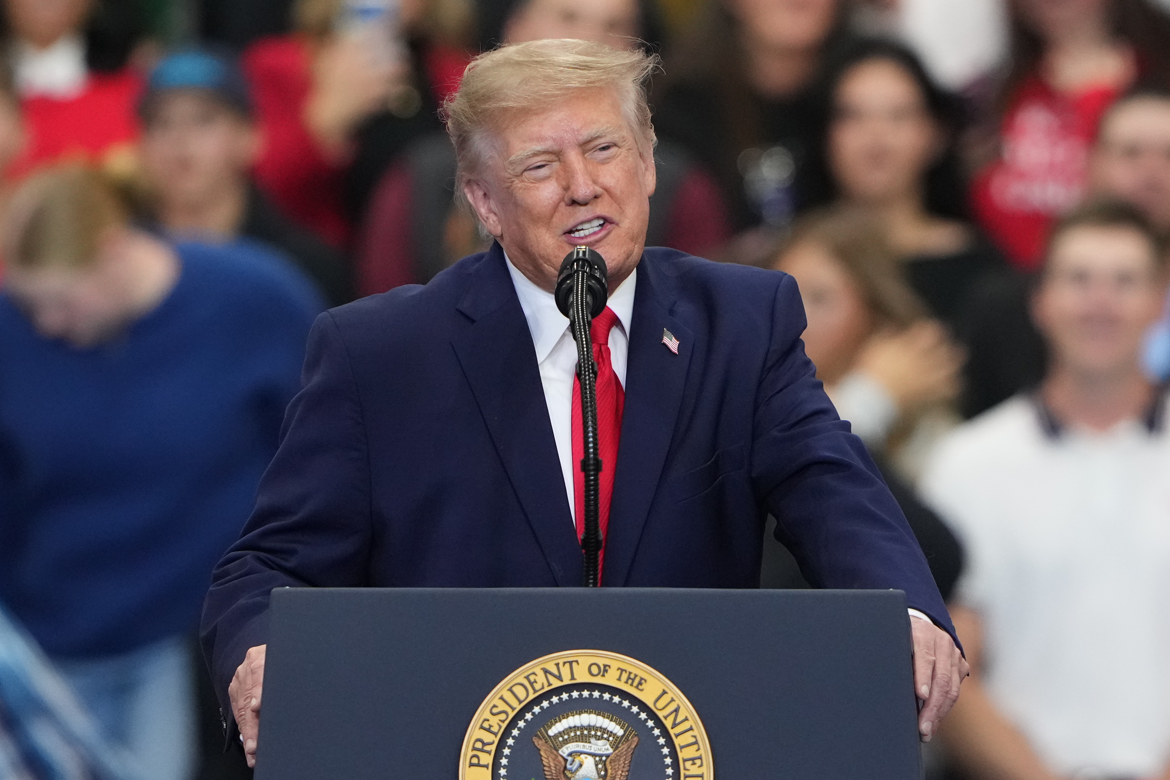 President Donald Trump speaks at a campaign rally at the Curtis D. Menard Memorial Sports Center, Tuesday, Oct. 13, 2026, in Wasilla, Alaska. (AP Photo/Lindsey Wasson)