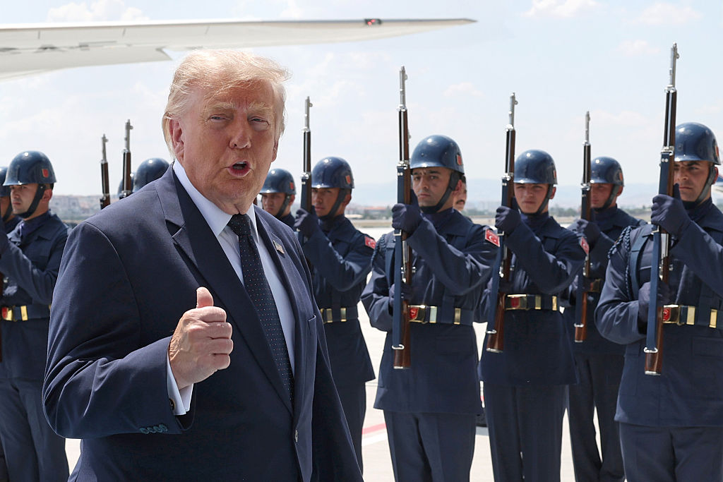 ANKARA, TURKEY - JULY 07: U.S. President, Donald Trump, gestures as he arrives at&nbsp;Etimesgut&nbsp;Air Base for the annual NATO Summit&nbsp;on July 7,&nbsp;2026&nbsp;in Ankara,&nbsp;Turkey. Leaders from NATO's 32 countries, plus NATO allies like Ukraine, gathered in the Turkish capital to discuss a range of issues involving spending targets,&nbsp;defense&nbsp;industrial production, and support for Ukraine, among other topics. (Photo by Win McNamee/Getty Images)